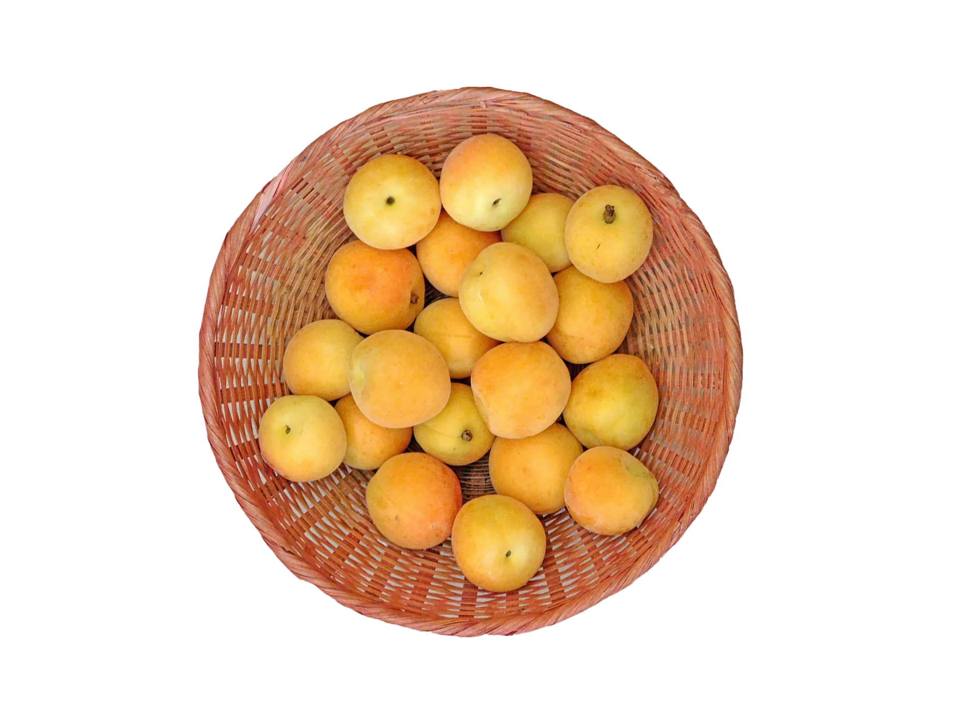 Apricots 壁紙 — 從上方俯瞰一個編織的棕色籃子，裝滿成熟的黃橙色杏子，背景為白色。