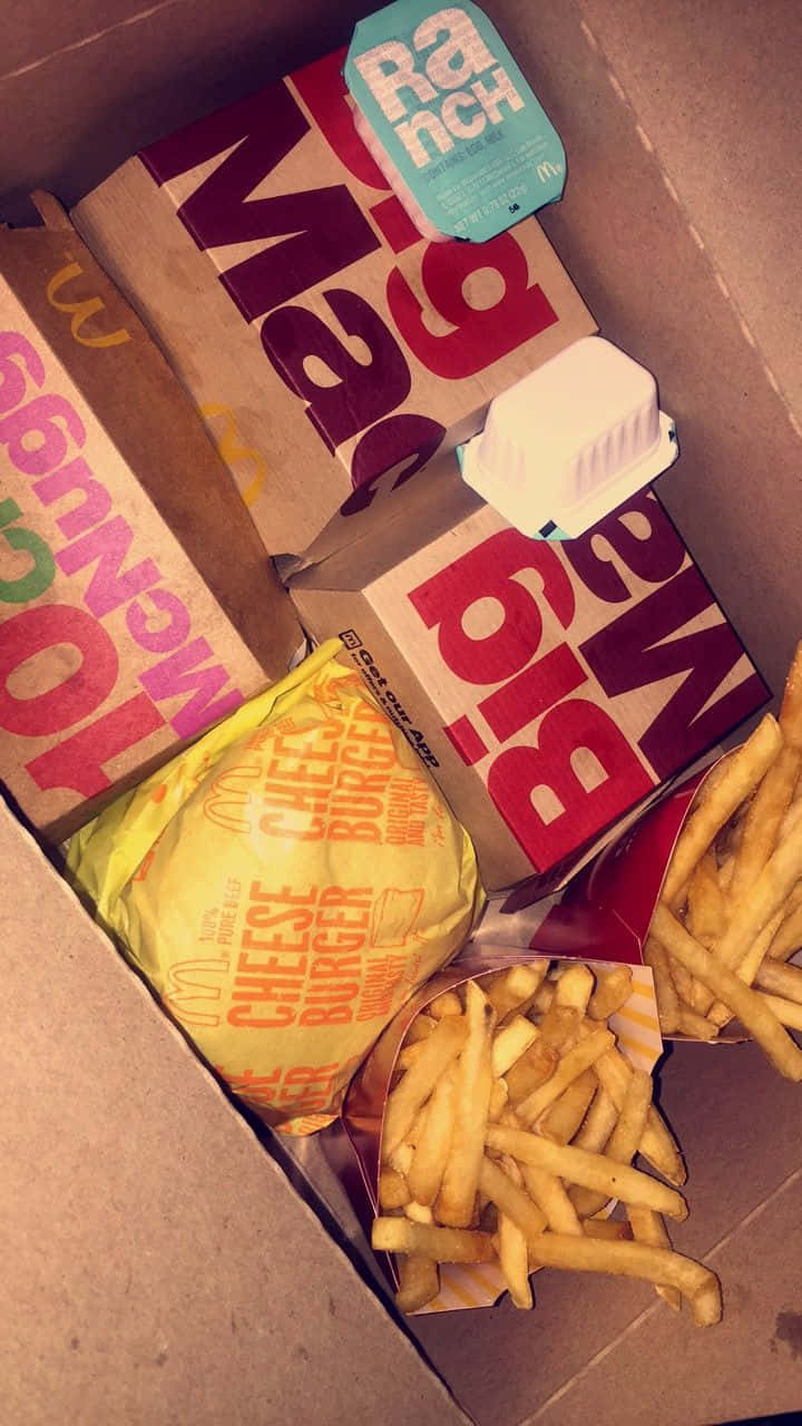 Box 桌布 壁紙 — 從上方俯瞰一個裝滿麥當勞食物的紙箱，包括起司漢堡、薯條和一個田園醬包。