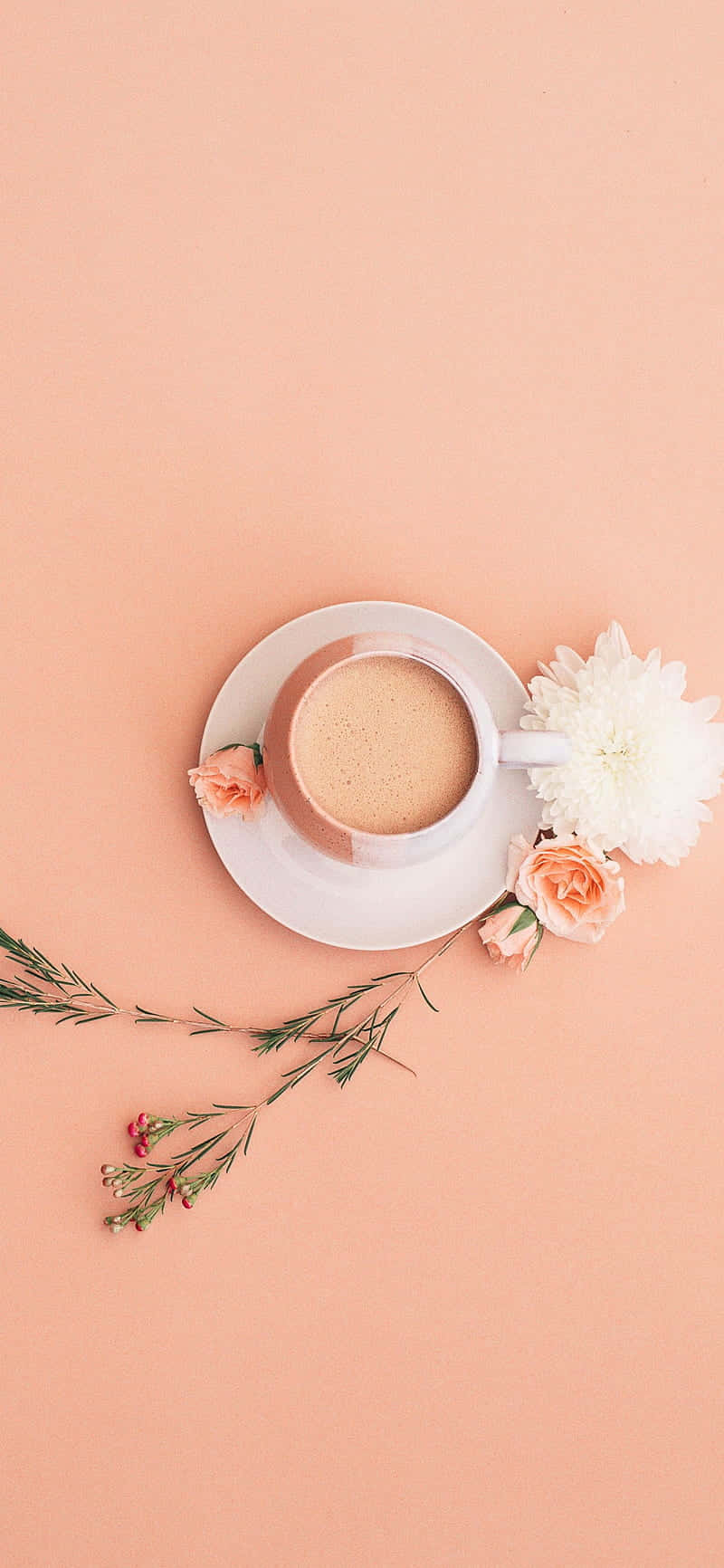 Minimalist Pink 桌布 壁紙 — 從上方俯瞰一杯咖啡杯，搭配花朵和綠色植物，置於柔和蜜桃色背景上。