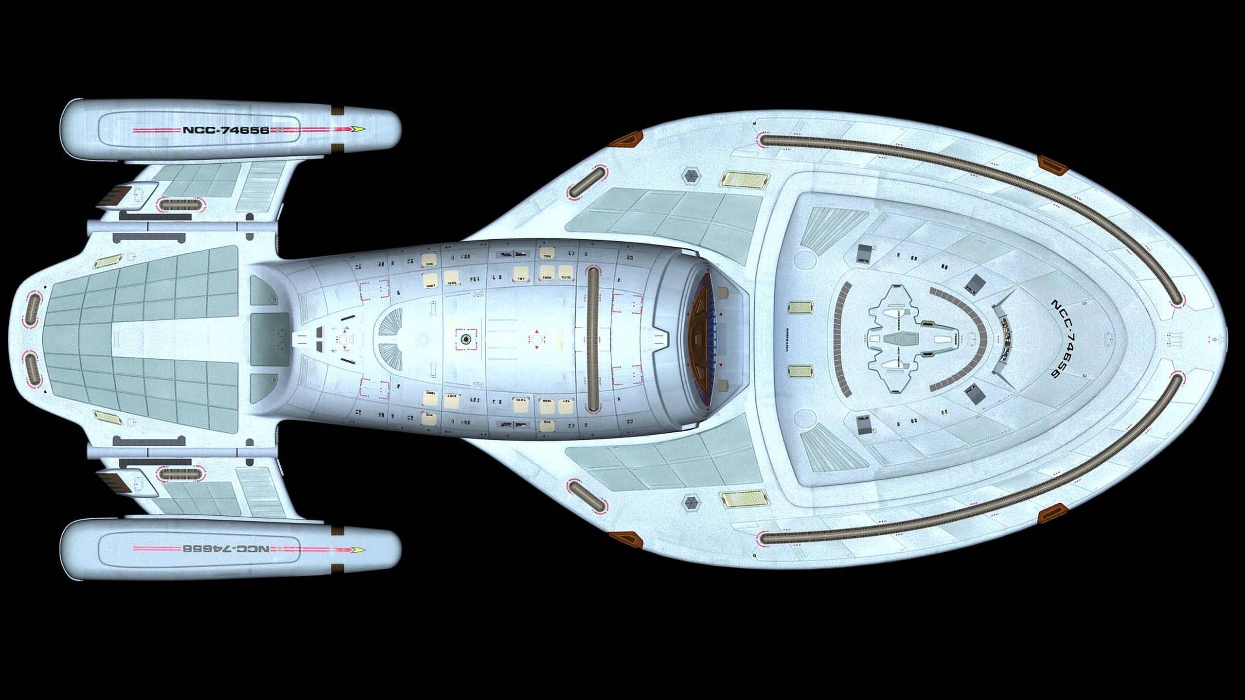Starship 桌布 壁紙 — 從上方俯瞰一艘細節豐富的星艦，帶有白色和灰色面板，背景為黑色。
