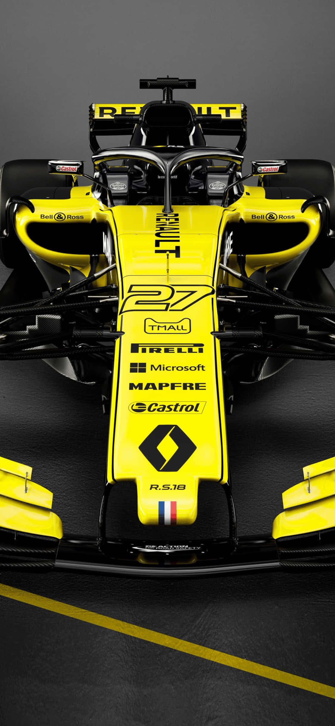 F1 2018 桌布 壁紙 — 從上方俯瞰一輛充滿活力的黃色雷諾一級方程式賽車，帶有黑色點綴和贊助商標誌，位於深色賽道表面。