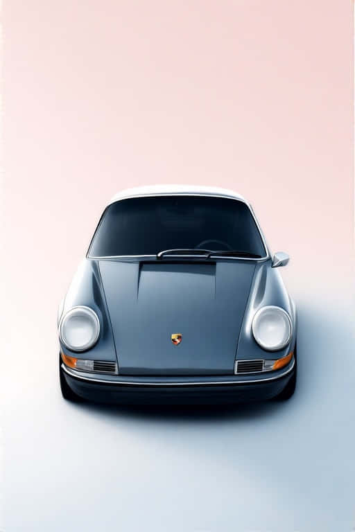 Minimalist Porsche 911 Pastel Portrait Elegant 4K Portrait 壁紙 — 從上方俯瞰一輛時尚的銀色保時捷911經典車，背景為柔和的粉紅和藍色漸變。