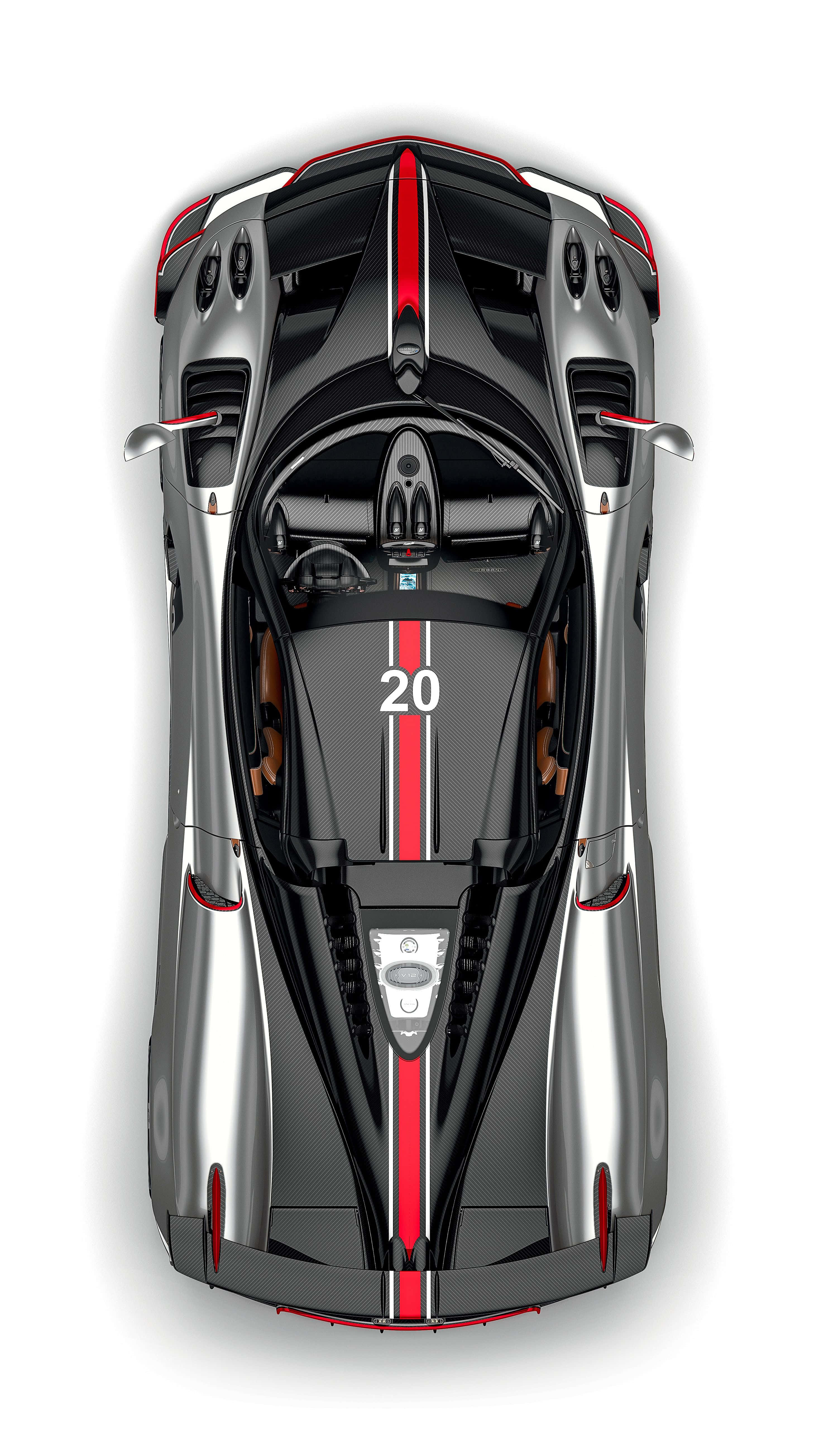 Pagani Zonda C12 Roadster 桌布 壁紙 — 從上方俯瞰一輛時尚的銀黑色超跑，帶有紅色點綴，座椅上有數字20。
