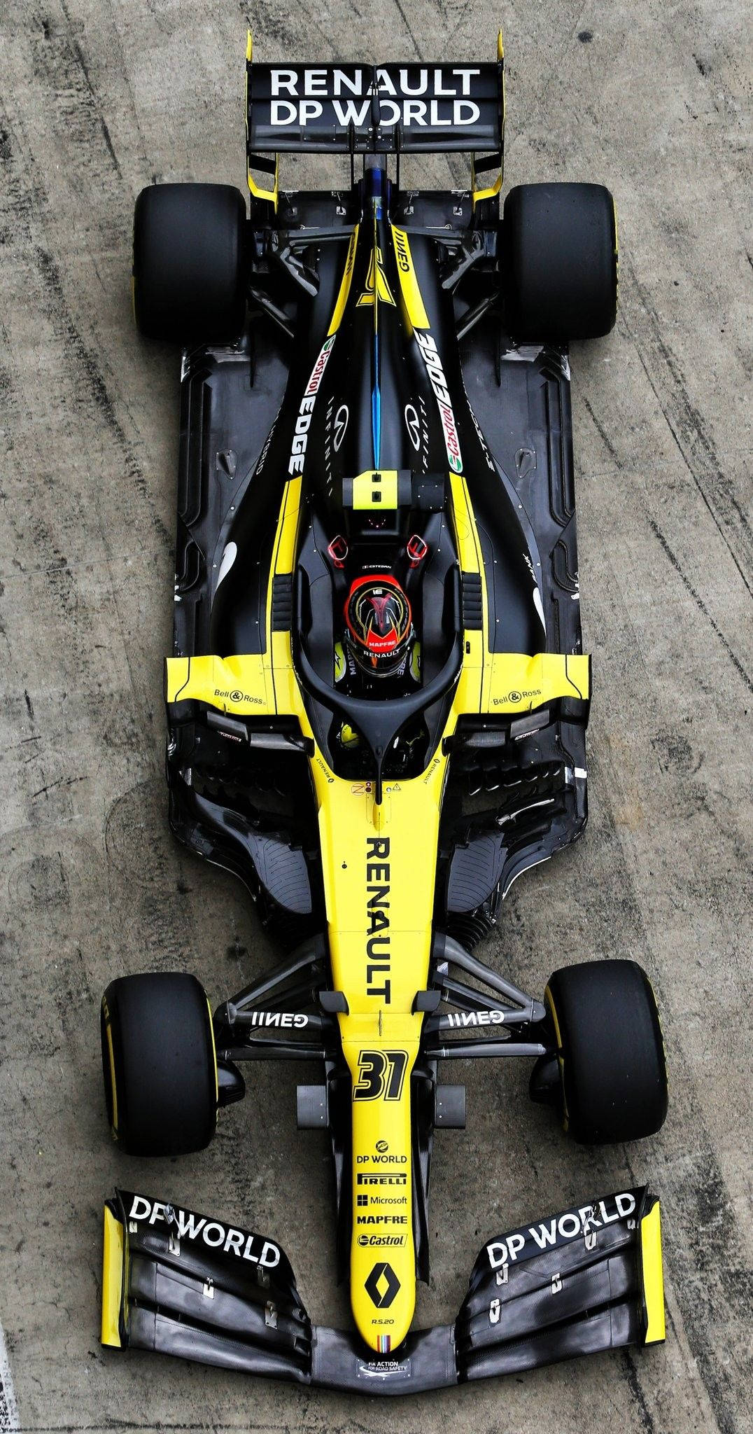 Formula 1 iPhone 桌布 壁紙 — 從上方俯瞰一輛黃黑相間的雷諾一級方程式賽車（編號31）停在混凝土賽道表面。