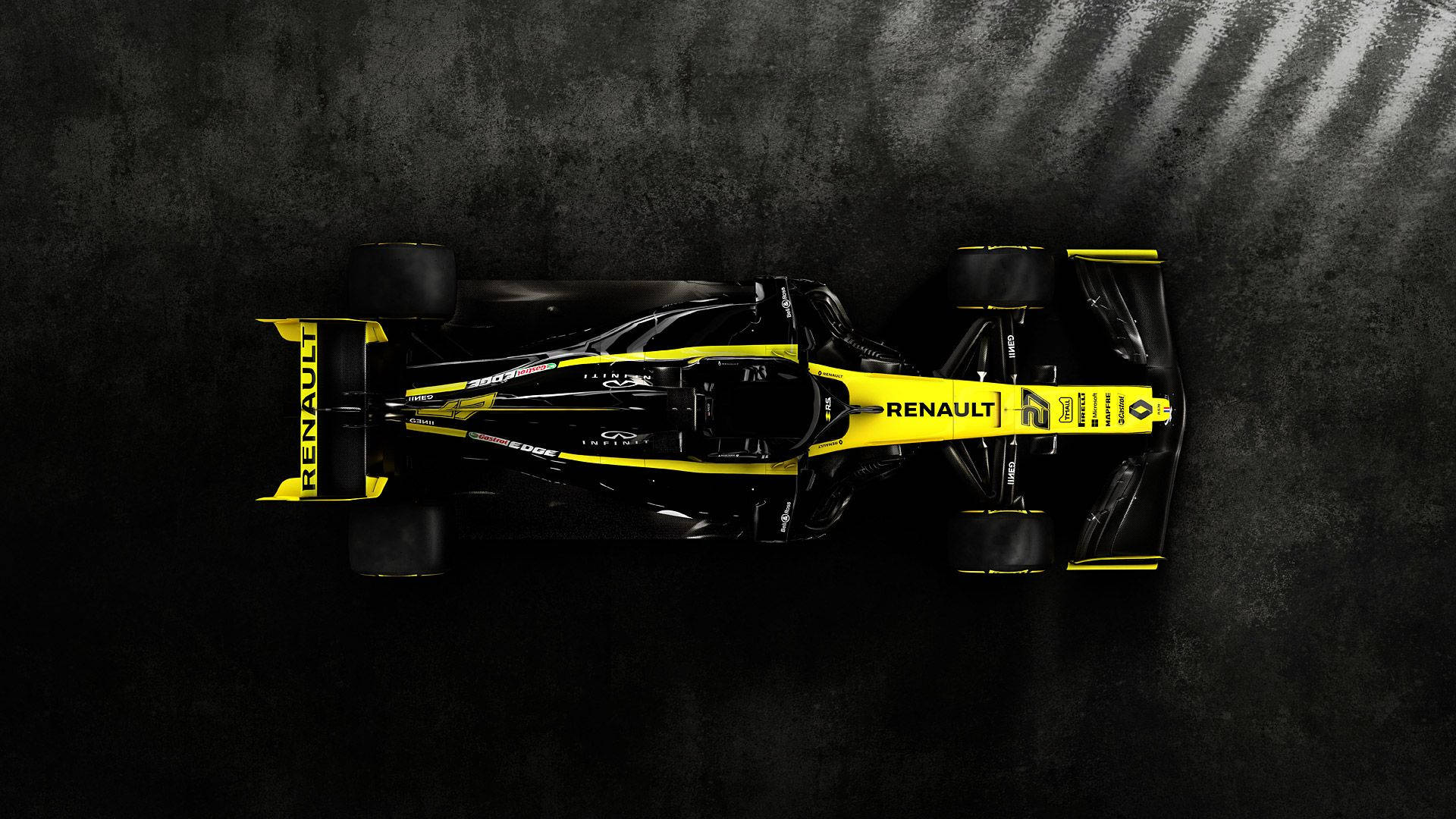 Renault 桌布 壁紙 — 從上方俯瞰一輛黑色和黃色的雷諾一級方程式賽車，停在深色紋理表面上，帶有戲劇性的燈光效果。