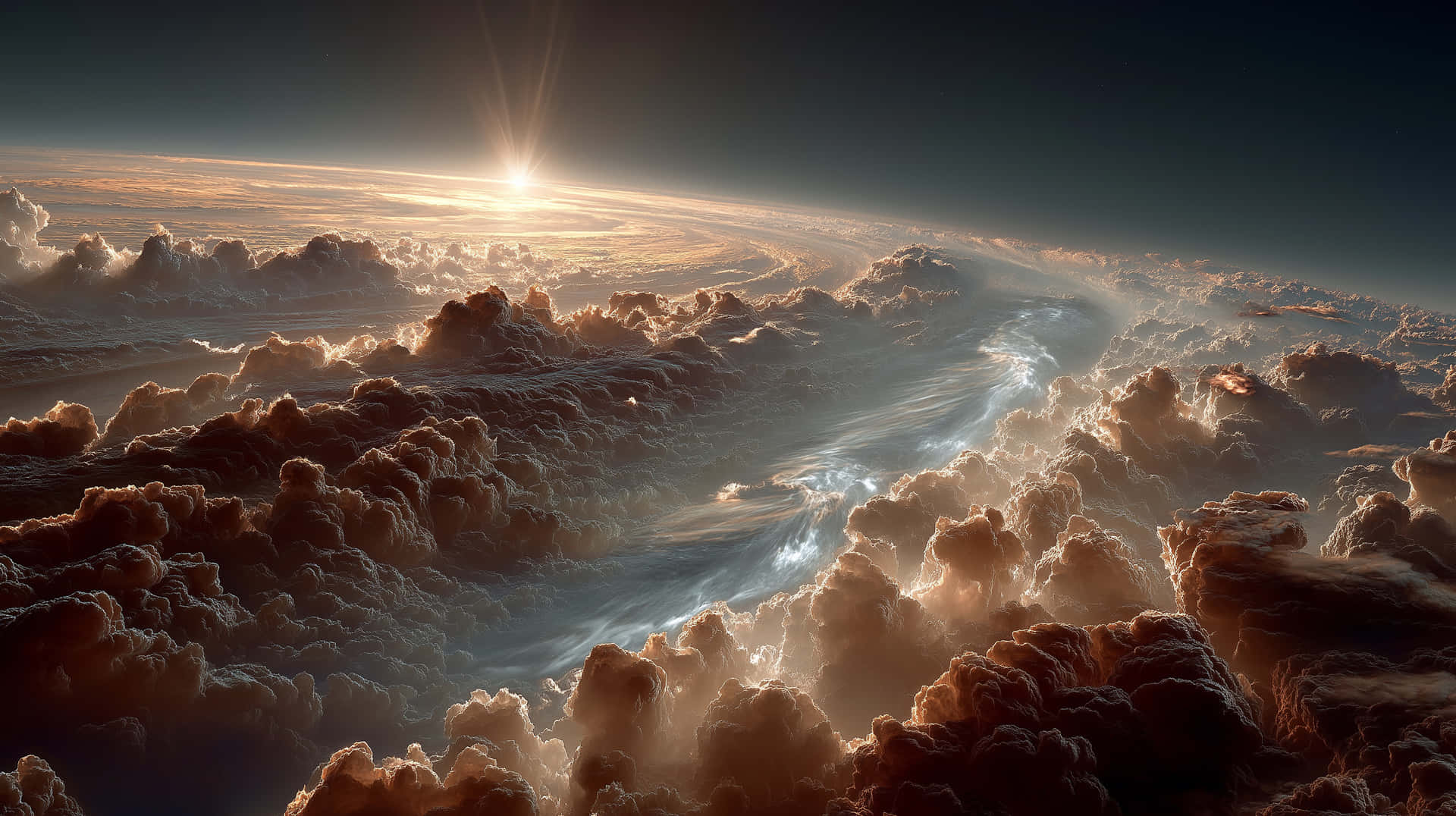 Glimmering View of Jupiter's Swirling Storms from Orbit 壁紙 — 從上方俯瞰令人驚嘆的景色，漩渦狀的雲層沐浴在金色的日出光芒中，下方顯露出一條發光的大氣河流。