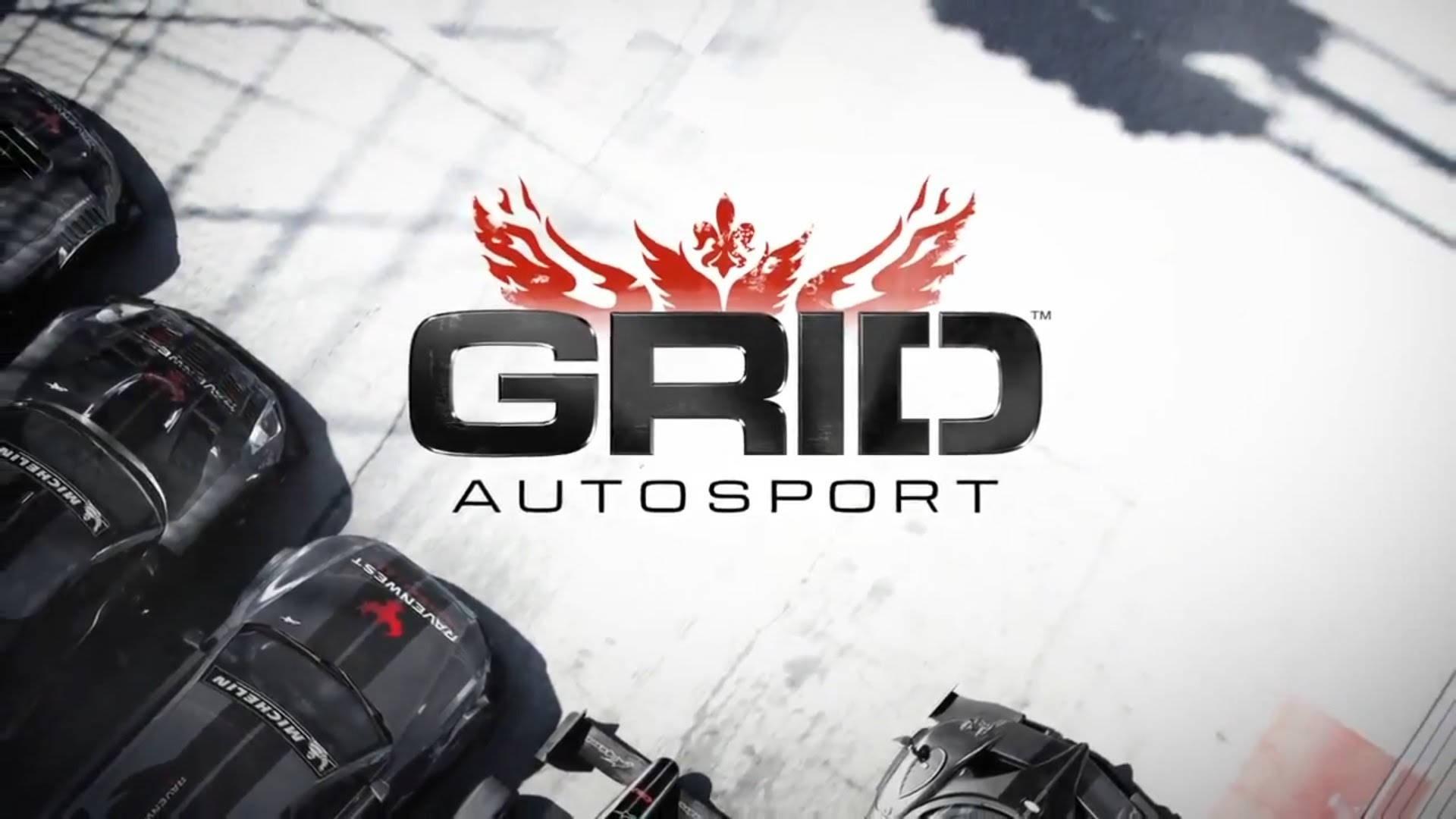 grid 桌布 壁紙 — 從上方俯瞰停在方格賽道上的時尚黑色賽車，上方有GRID AUTOSPORT標誌。