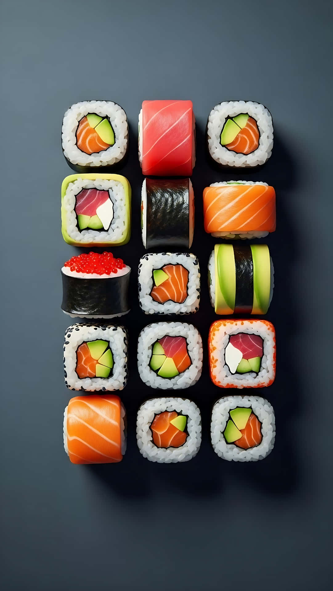 Artistic Japanese Sushi Rolls Collection on Dark Background Wallpaper 壁紙 — 從上方俯瞰十二件各式壽司在深灰色表面上排列成網格狀。