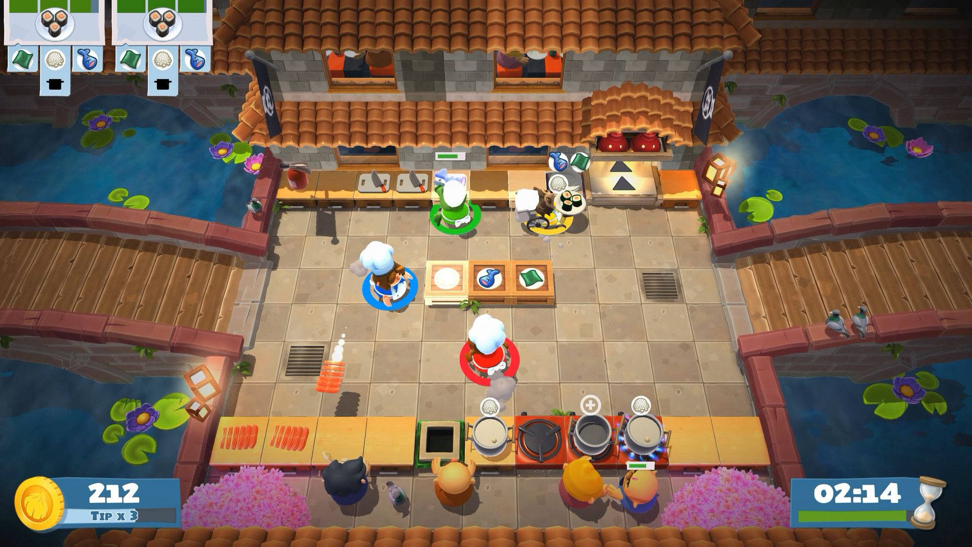Overcooked 桌布 壁紙 — 從上方俯瞰卡通廚師在充滿活力的瓷磚廚房裡競相烹飪，周圍環繞著睡蓮池塘。