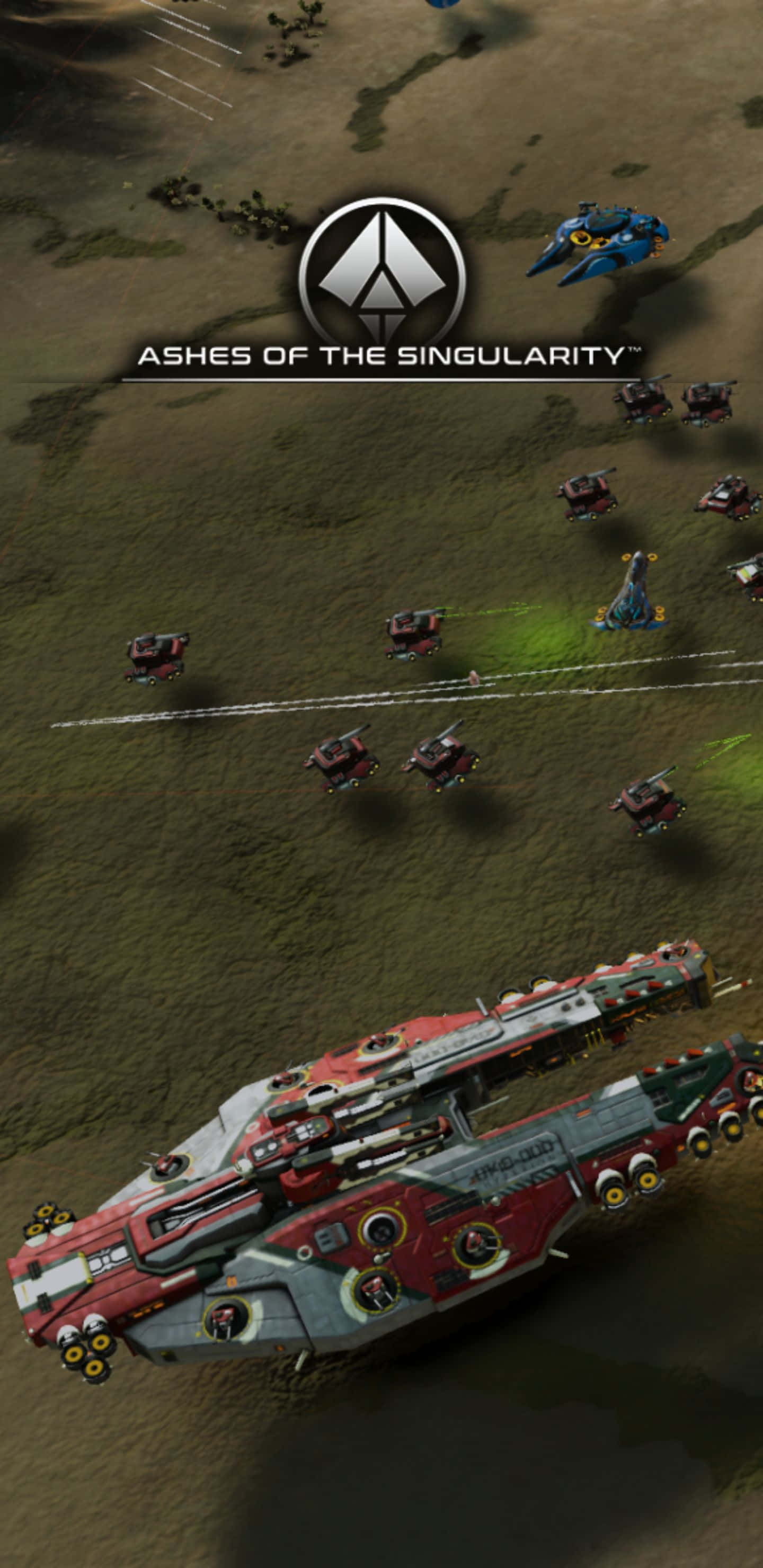 Pixel 3xl Ashes Of The Singularity 桌布 壁紙 — 從上方俯瞰未來戰艦和地面部隊在荒蕪的外星戰場上戰鬥的場景。