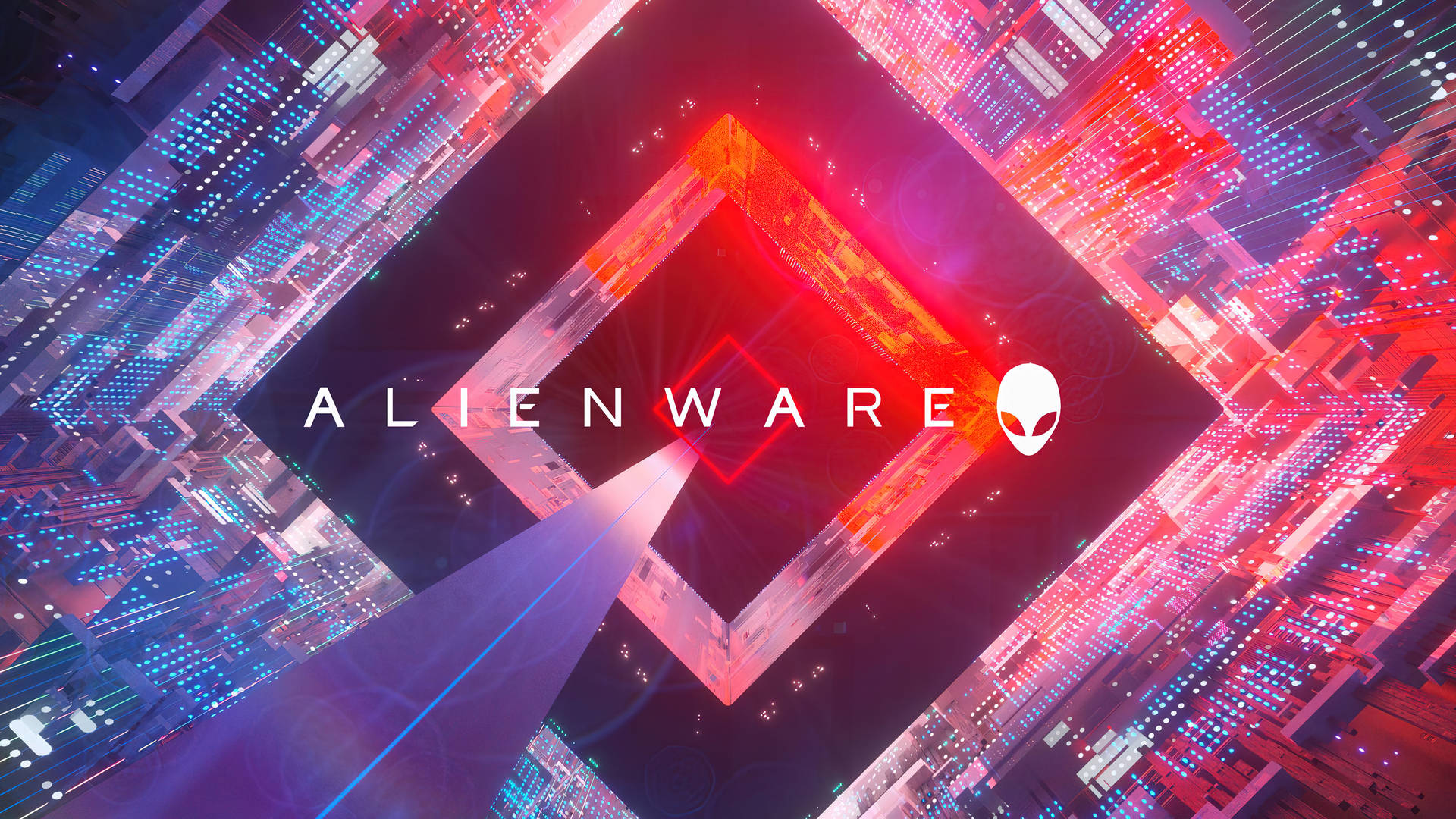 未來城市，帶有霓虹燈和中央的Alienware標誌。 — 3840x2160 動態圖片 壁紙