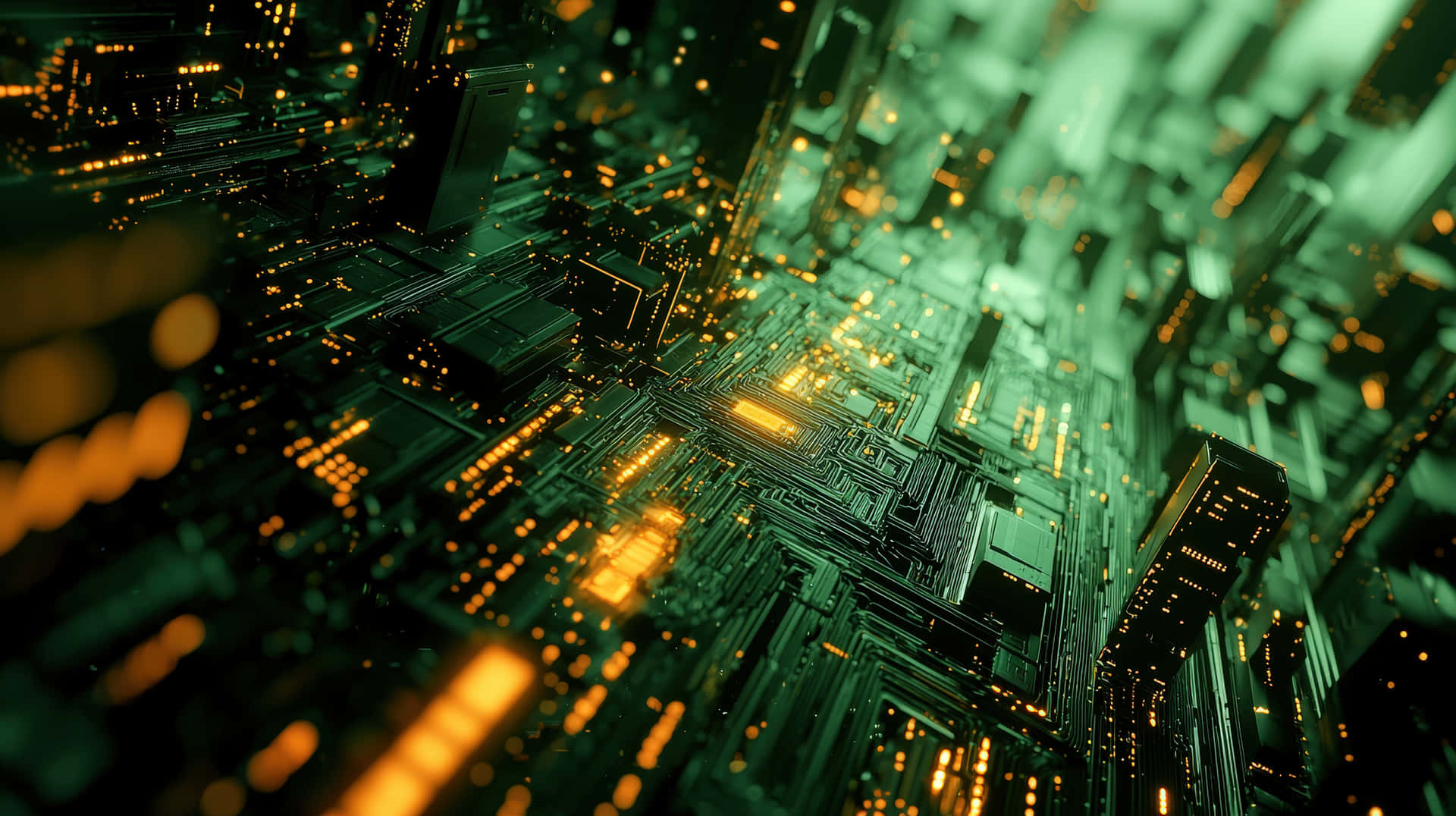 Abstract digital cityscape in green and gold hues, resembling circuitry. 壁紙 — 從上方俯瞰的未來城市景觀，琥珀色發光燈光映襯著深藍綠色摩天大樓和模糊的運動軌跡。