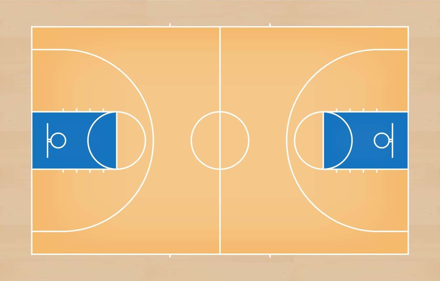 Basketball Court 桌布 壁紙 — 從上方俯瞰的籃球場，橙色地板，藍色關鍵區域以白色線條勾勒。