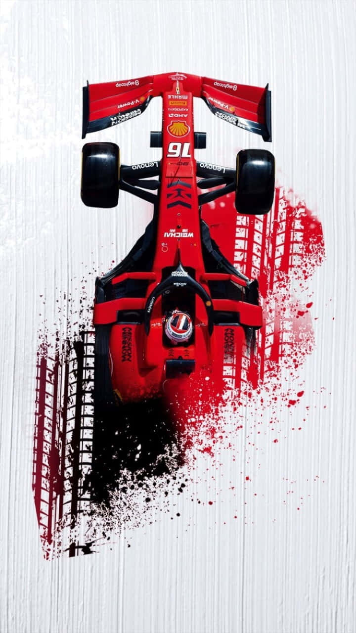 Racing 桌布 壁紙 — 從上方俯瞰的紅色一級方程式賽車，在帶有紋理的白色背景上呈現動態的顏料潑濺效果。