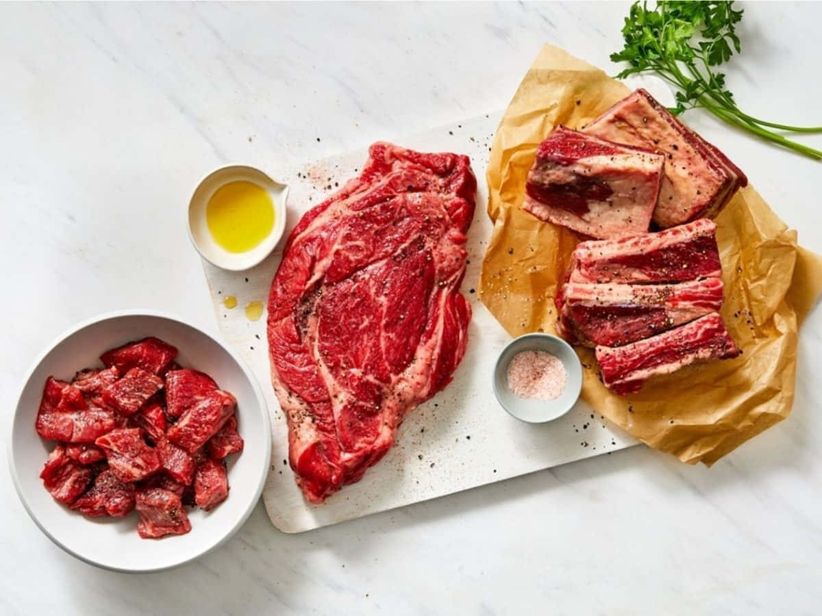 Red Meat 桌布 壁紙 — 從上方俯瞰的視角，展示生牛肉切塊，包括肉眼牛排、切塊的立方體和肋骨，在大理石表面上用鹽、胡椒和油調味。