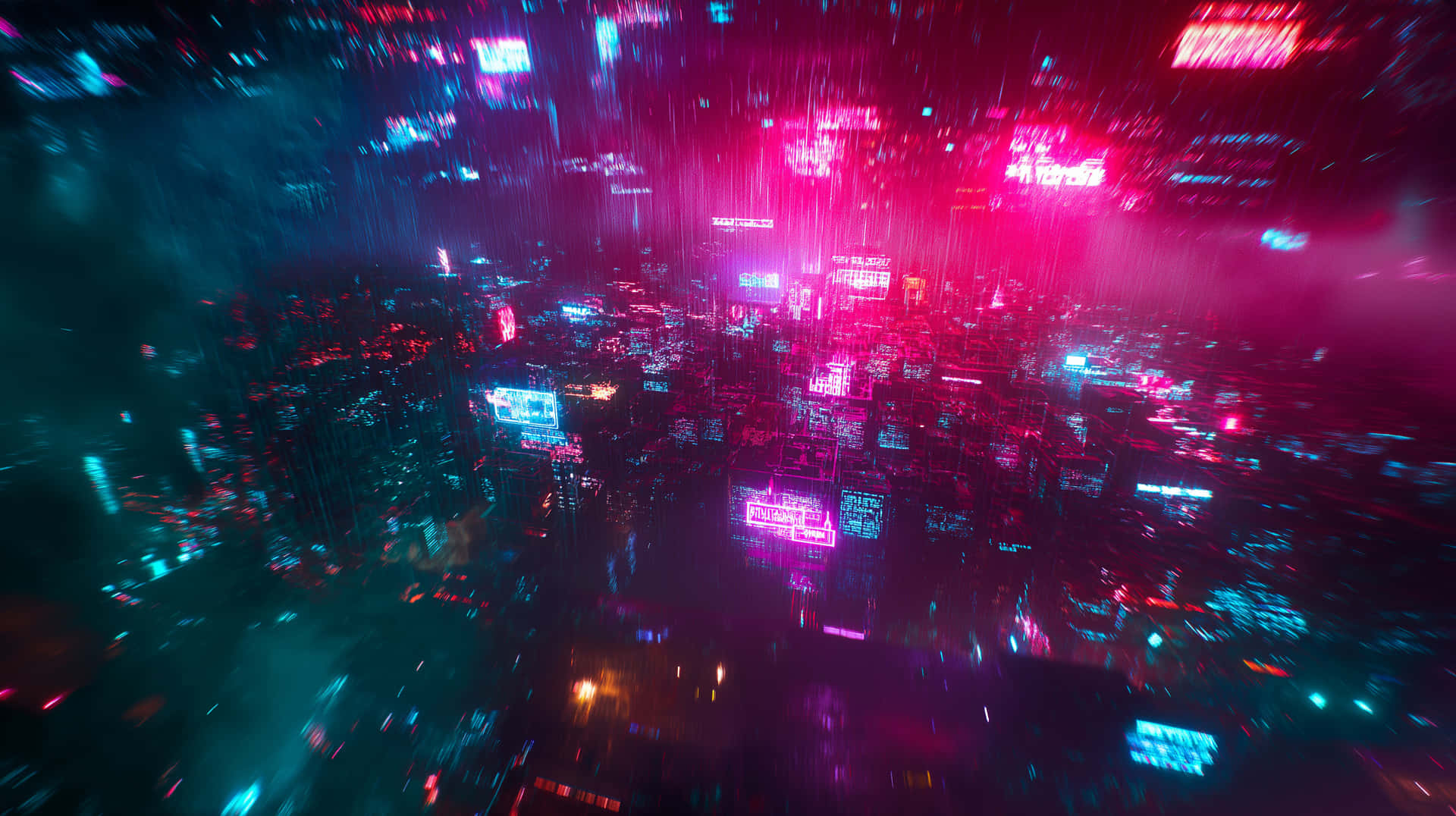 Aerial View of a Luminous Cyberpunk Cityscape at Night 壁紙 — 從上方俯瞰的霓虹浸染的賽博龐克城市景觀，帶有條紋燈光和雨水，營造出充滿活力的數位光芒。