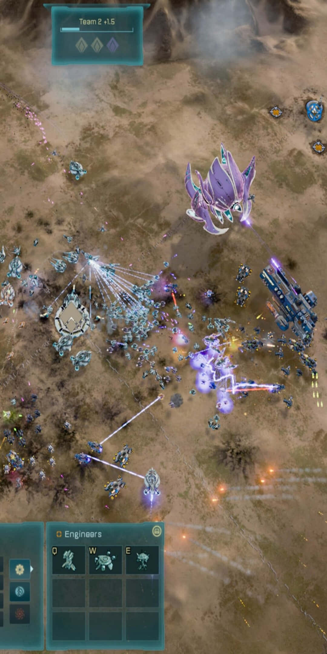 Pixel 3 Ashes Of The Singularity 桌布 壁紙 — 從上方俯瞰科幻戰鬥場景，發光的紫色飛船和藍色單位在塵土飛揚的戰場上發射能量光束。
