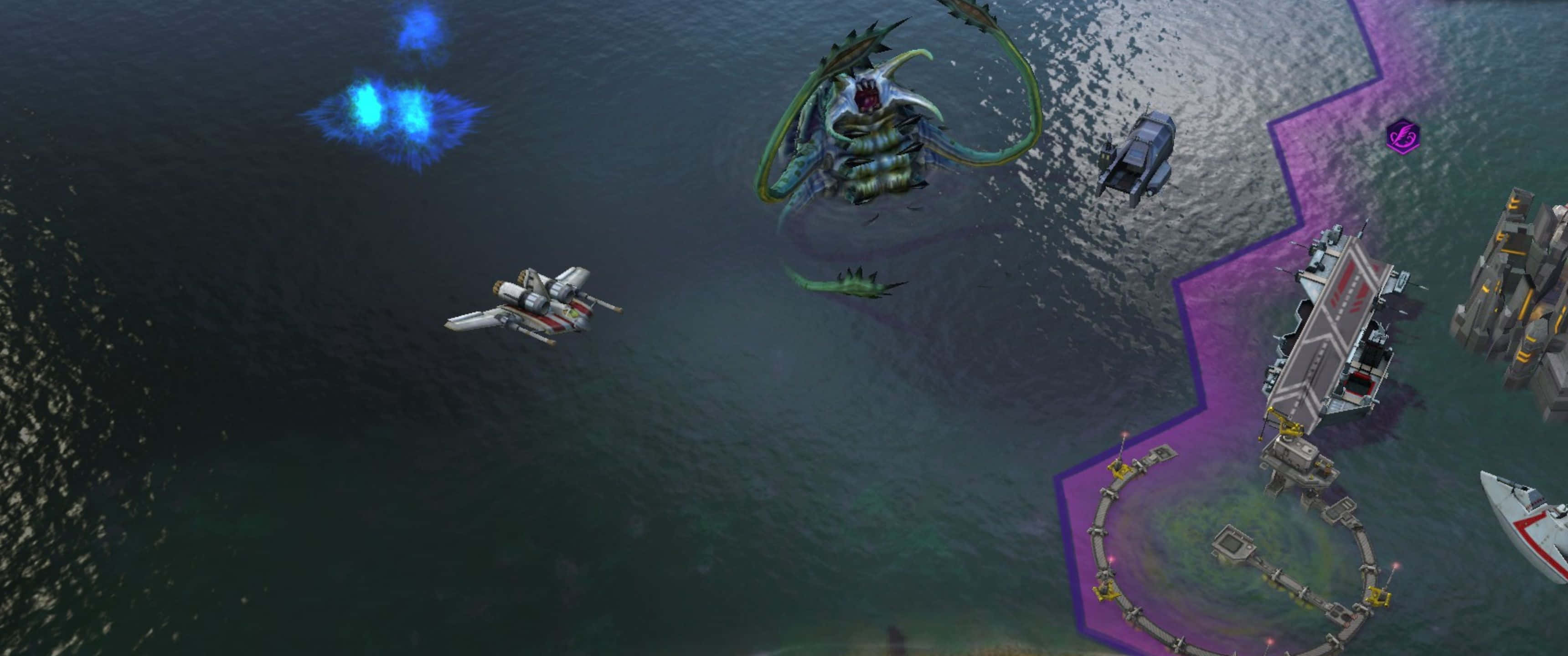 1440p Civilization Beyond Earth 桌布 壁紙 — 從上方俯瞰科幻海戰場景，有太空船和一隻巨型外星生物攻擊未來風格的沿海基地。