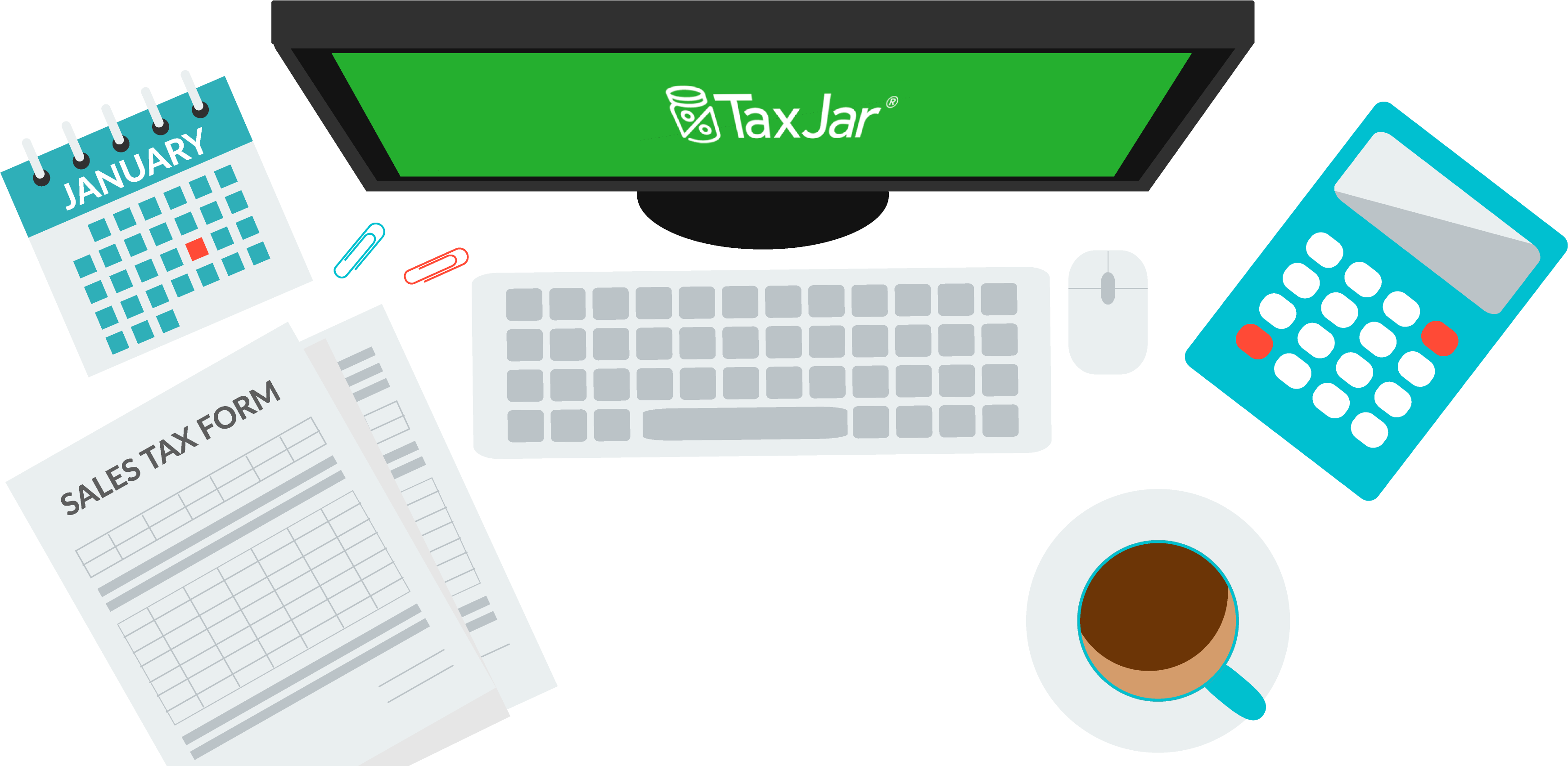 會計 桌布 壁紙 — 從上方俯瞰簡約辦公桌，配有 TaxJar 顯示器、銷售稅計算器和咖啡杯。