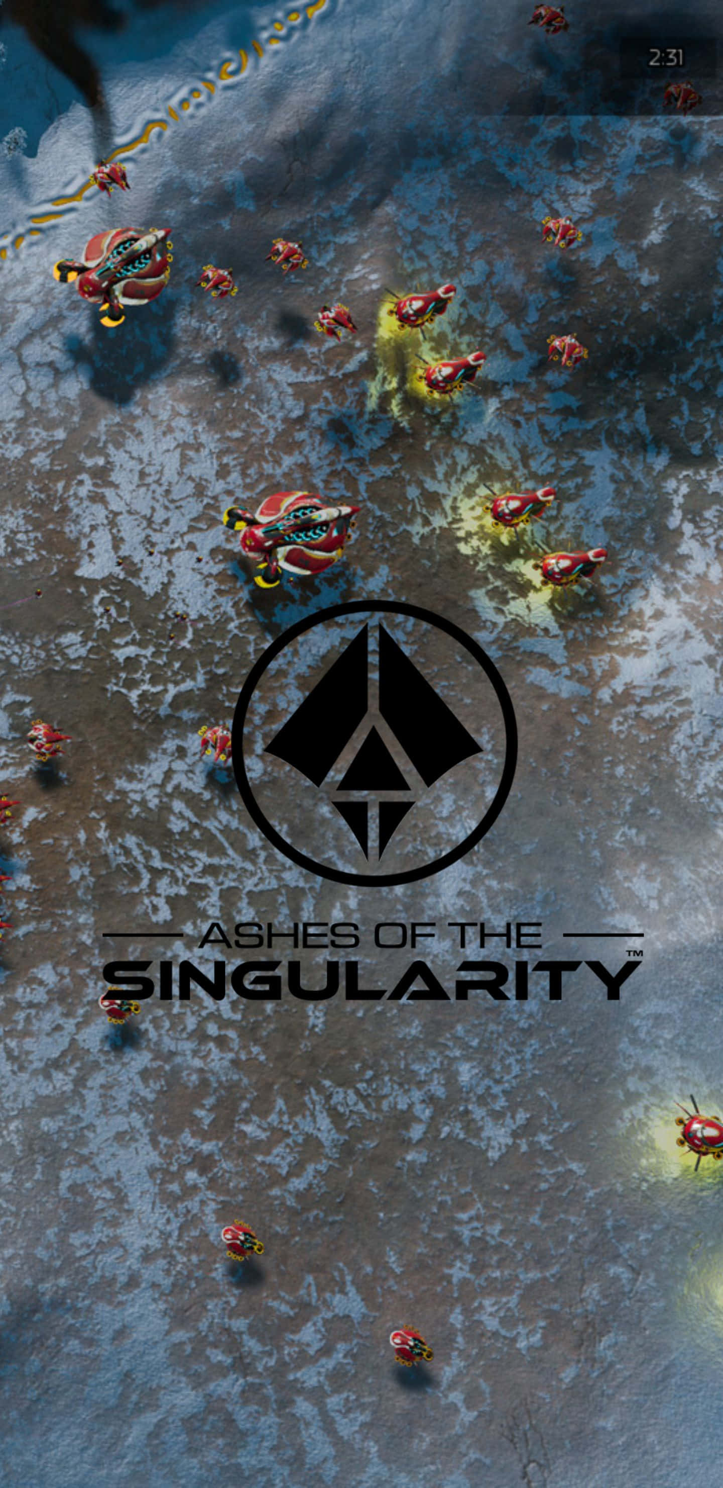 Pixel 3xl Ashes Of The Singularity 桌布 壁紙 — 從上方俯瞰紅色機械單位在裂開的冰凍戰場上戰鬥，遊戲標誌居中。