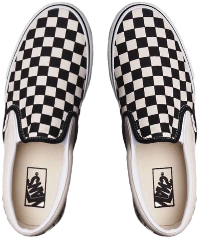 Vans 桌布 壁紙 — 從上方俯瞰經典黑白格紋Vans slip-on運動鞋，背景透明。