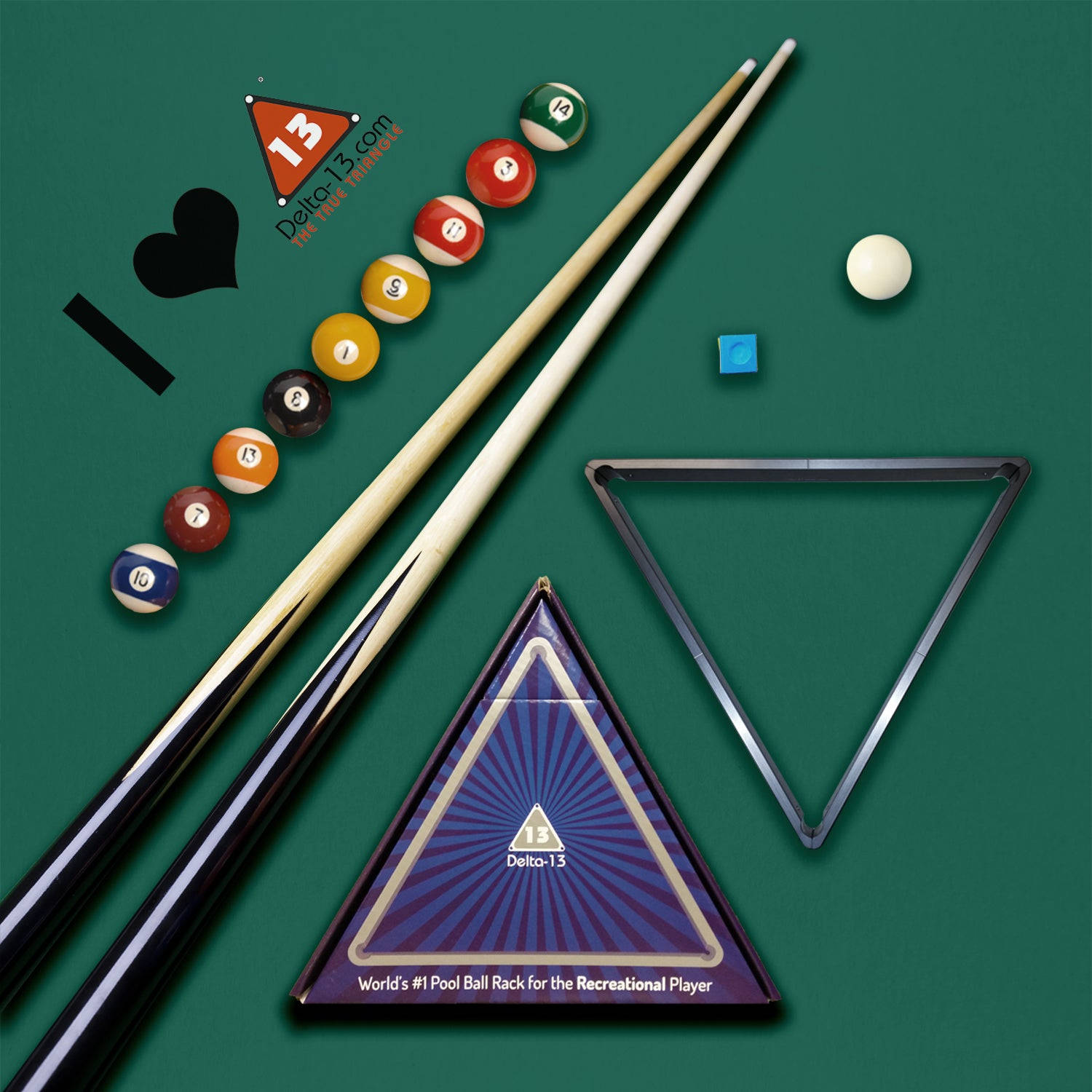 Billiards 桌布 壁紙 — 從上方俯瞰綠色氈面上包括球桿、球、球架和三角架的撞球設備。