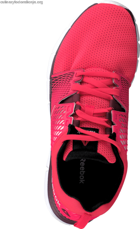Reebok 桌布 壁紙 — 從上方俯瞰視角，一雙鮮粉紅色 Reebok 跑鞋搭配白色鞋底，置於黑色背景前。
