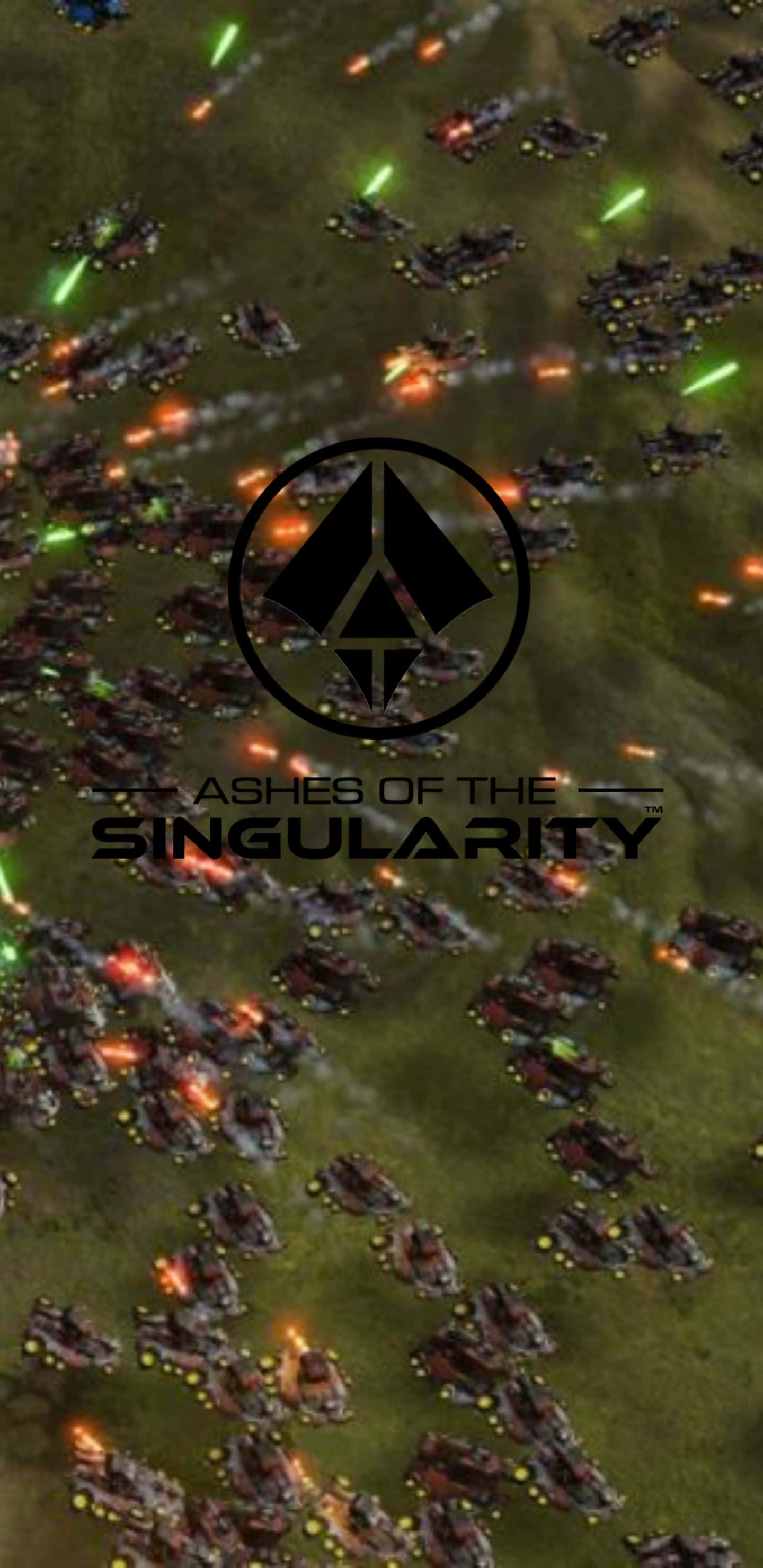 Pixel 3xl Ashes Of The Singularity 桌布 壁紙 — 從上方俯瞰視角，眾多未來坦克在草地戰場上發射綠色和橙色雷射的電子遊戲場景。