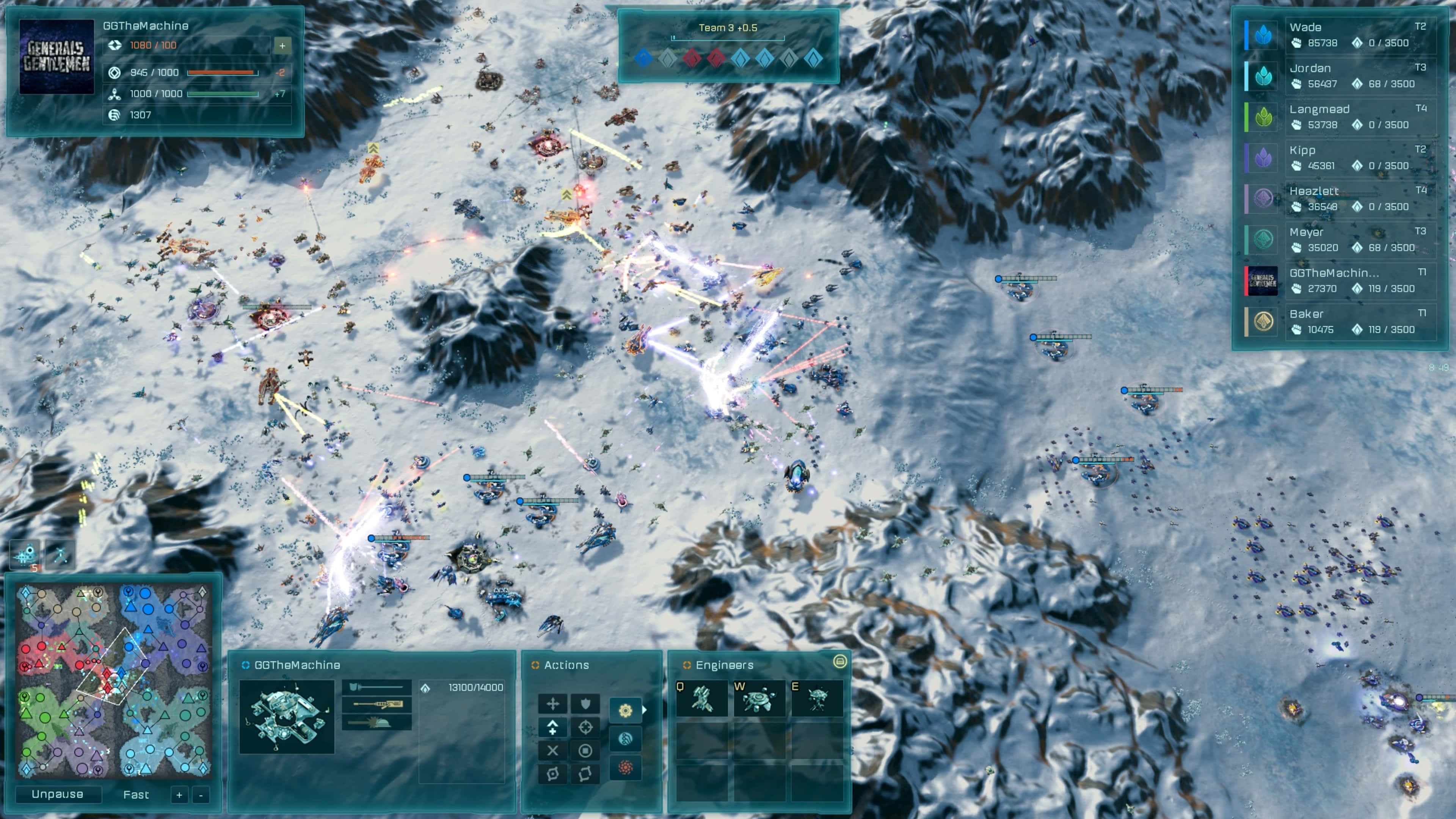 4K Ashes Of The Singularity Escalation 桌布 壁紙 — 從上方俯瞰雪地戰場，單位在松樹和UI覆蓋層中交戰。