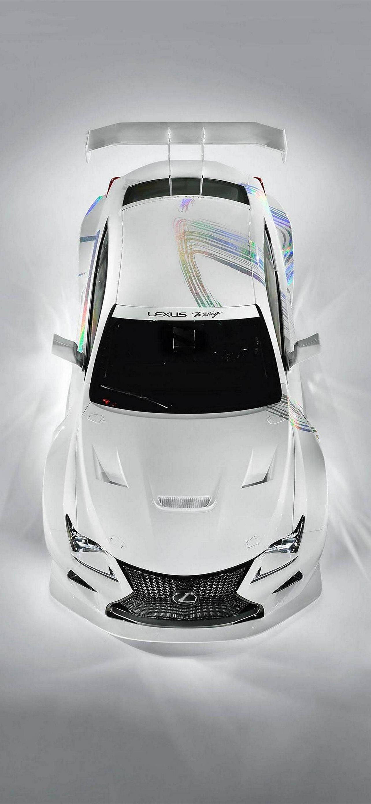 lexus iPhone 桌布 壁紙 — 從上方觀看，一輛純白色的 Lexus LFA 賽車，在柔和的灰色工作室背景上帶有彩虹貼花。