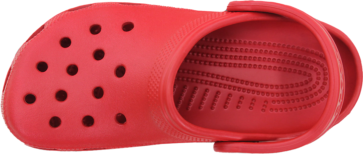 Crocs 桌布 壁紙 — 從上方觀看，黑色背景上的一隻亮紅色木屐鞋，帶有通風孔和紋理鞋底。