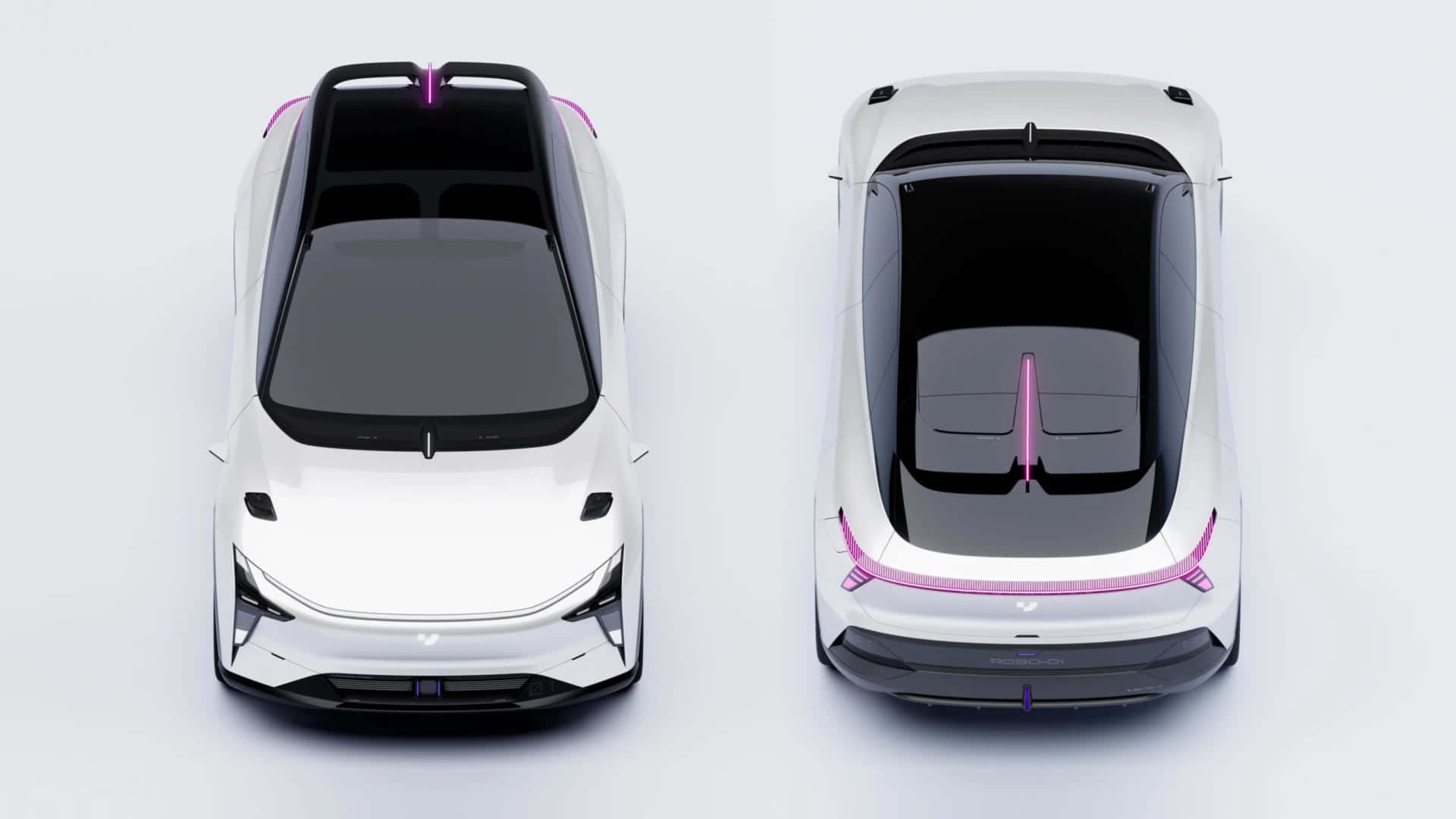 Autonomous 桌布 壁紙 — 從上方觀看兩輛未來感白色電動SUV，帶有發光粉紅色點綴，背景為簡約白色。