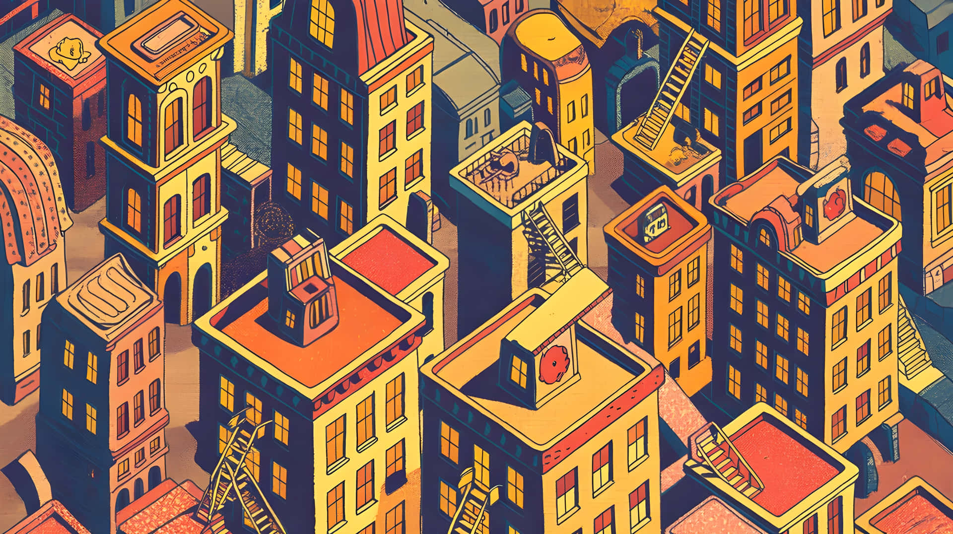 Minimalist Cartoon City Skyline Pattern Wallpaper 壁紙 — 從上方觀看的充滿活力的風格化城市景觀，色彩繽紛的建築物帶有發光的窗戶和屋頂梯子。