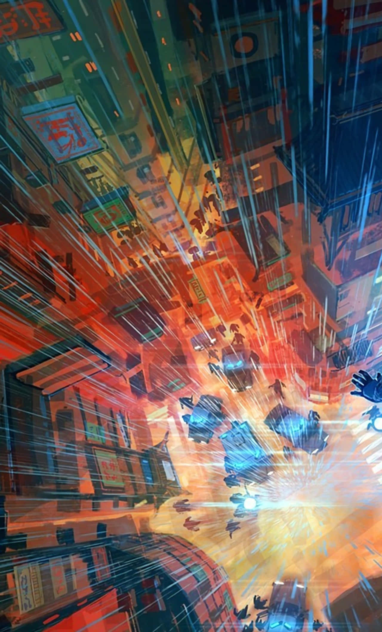 samurai jack 桌布 壁紙 — 從下方仰望的動漫風格動態城市景觀，帶有發光的霓虹燈招牌和光跡。