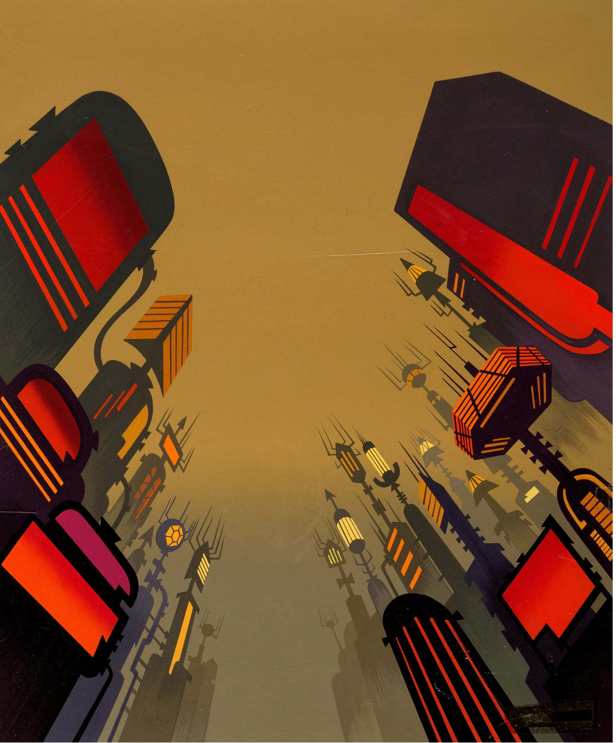 samurai jack 桌布 壁紙 — 從下方仰望的風格化未來城市景觀，高聳的建築物和發光的紅色點綴，映襯著溫暖的金色天空。