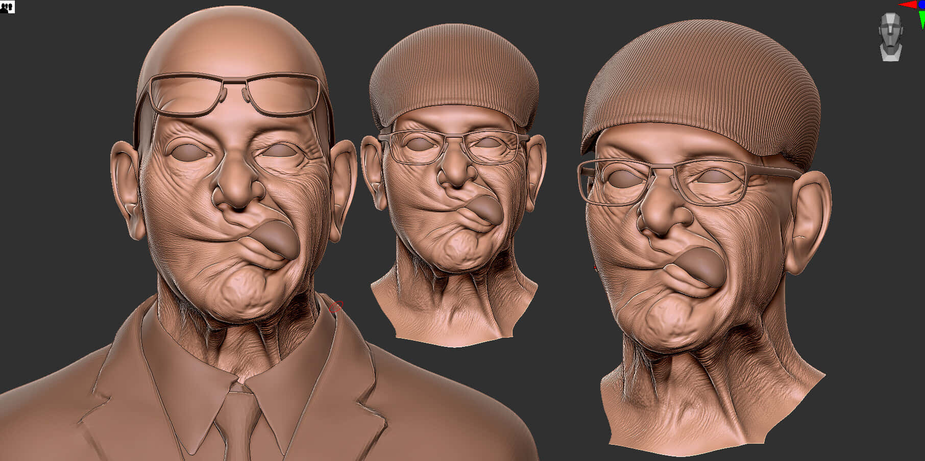 meme 桌布 壁紙 — 從不同角度觀看的三個3D渲染的老年男性半身像，具有誇張的面部特徵和眼鏡。