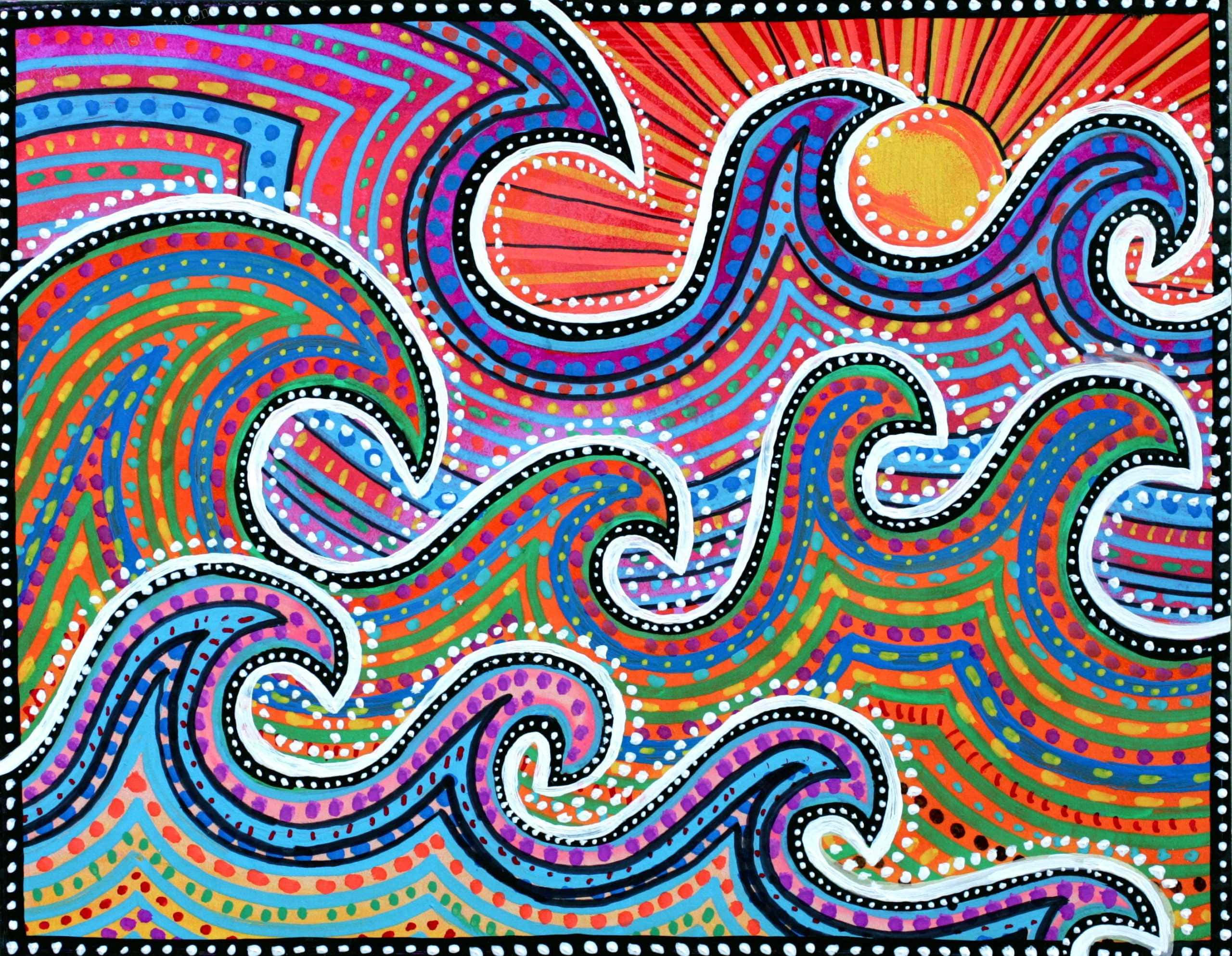 Aboriginal 桌布 壁紙 — 從中央太陽散發出充滿活力的漩渦波浪，採用大膽色彩、點狀圖案和黑色輪廓。
