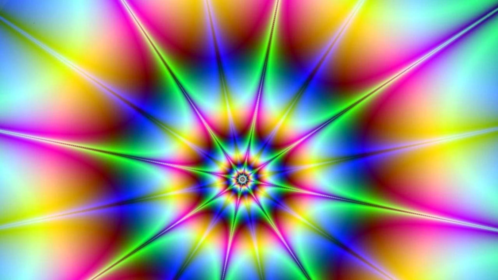 Hypnosis 桌布 壁紙 — 從中央星爆圖案散發出的鮮豔彩虹色彩的耀眼萬花筒爆炸。