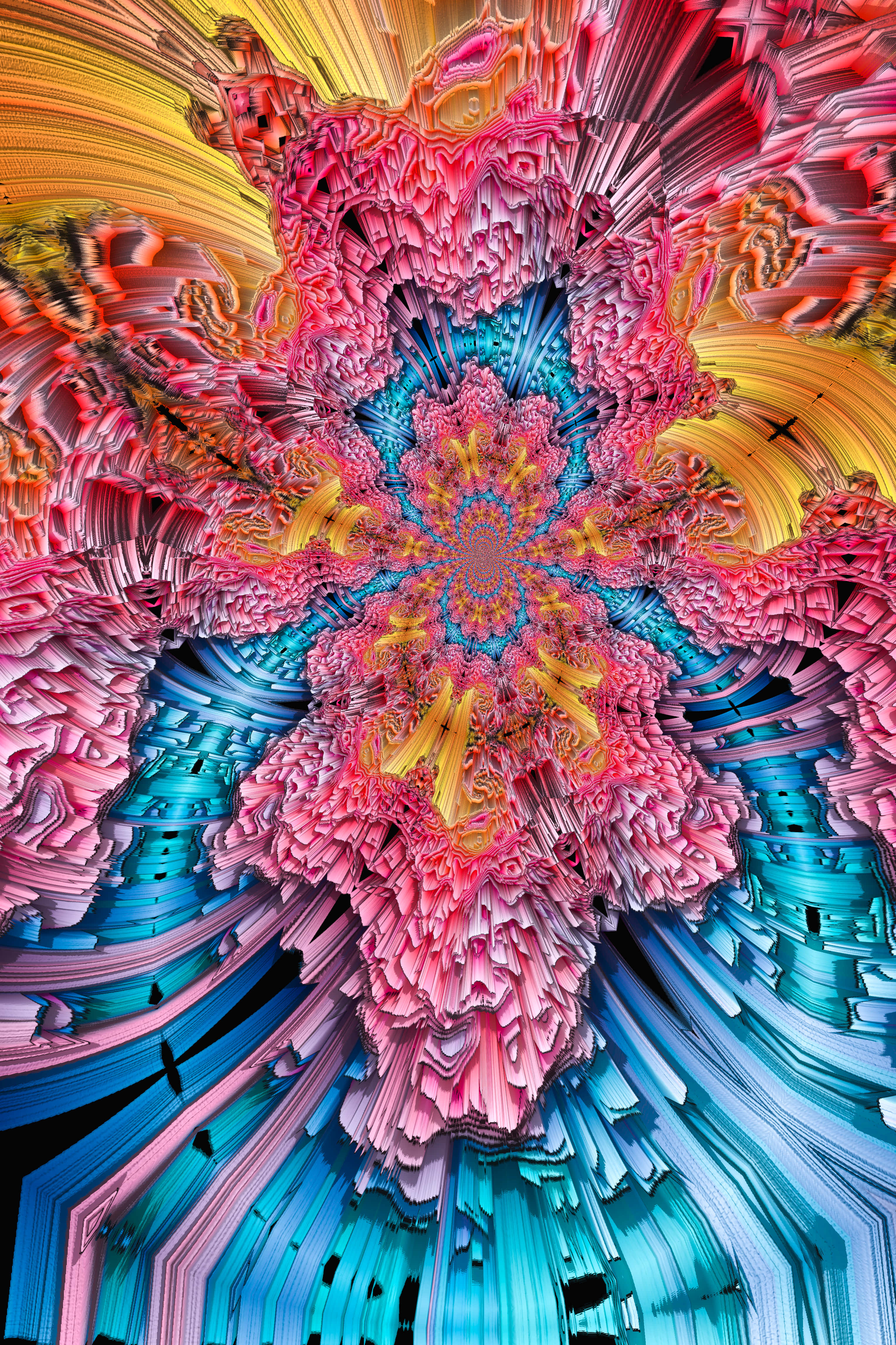 桌布 壁紙 — 從中央曼陀羅散發出充滿活力的碎形爆炸，帶有粉紅、藍色和金色層次，營造出迷幻的數位綻放效果。