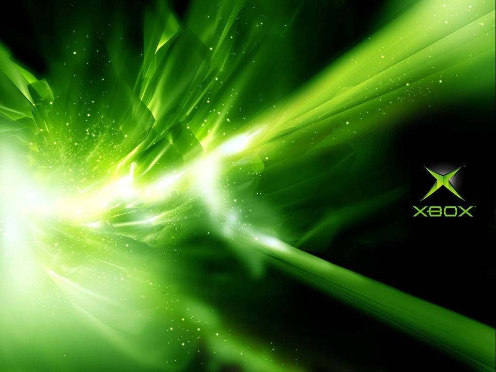 Xbox 桌布 壁紙 — 從中心點放射出充滿活力的綠色光爆，背景為黑色，角落有Xbox標誌。