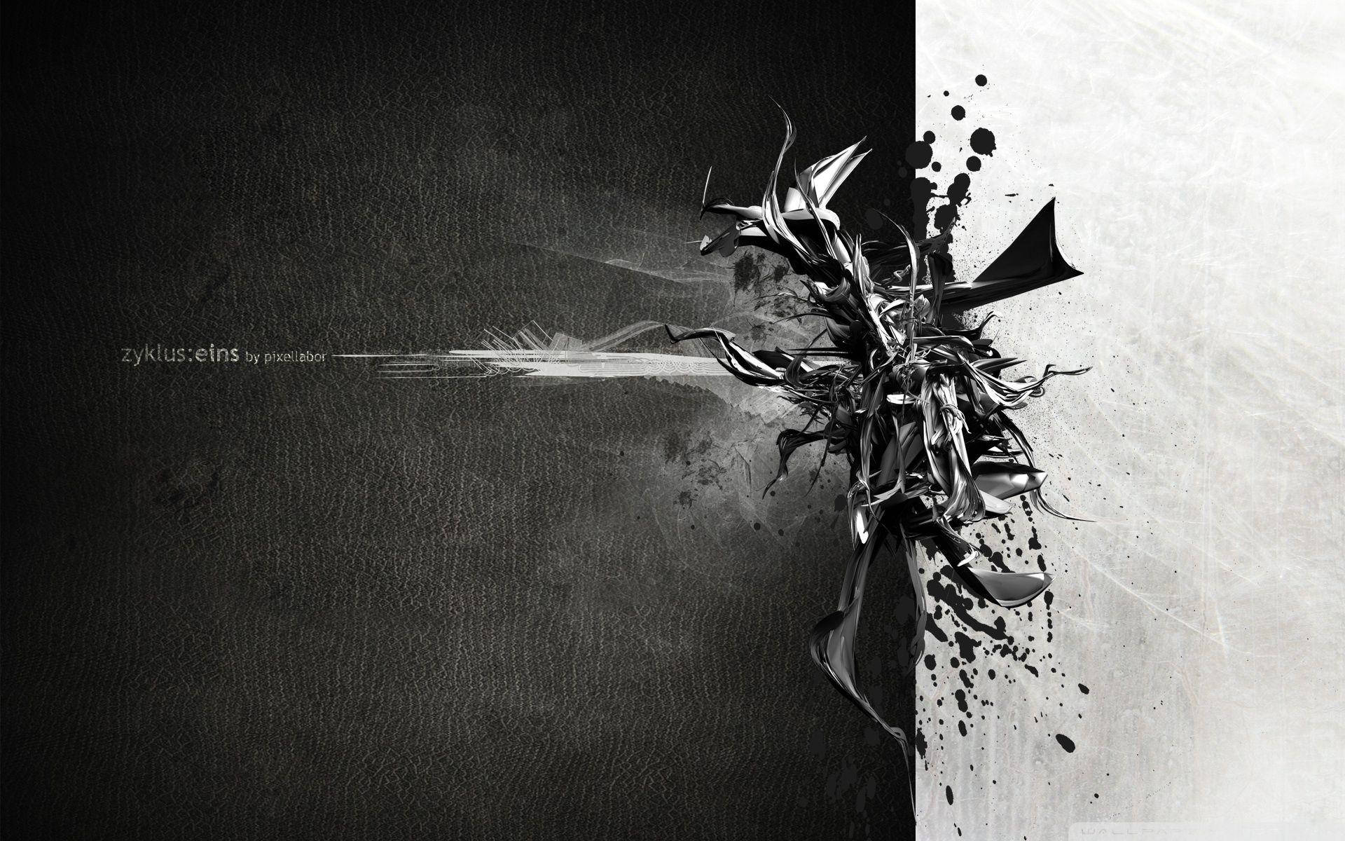 Pain Black And White 桌布 壁紙 — 從中心點爆發的動態黑白抽象構圖，包含飛濺的墨水和金屬碎片。