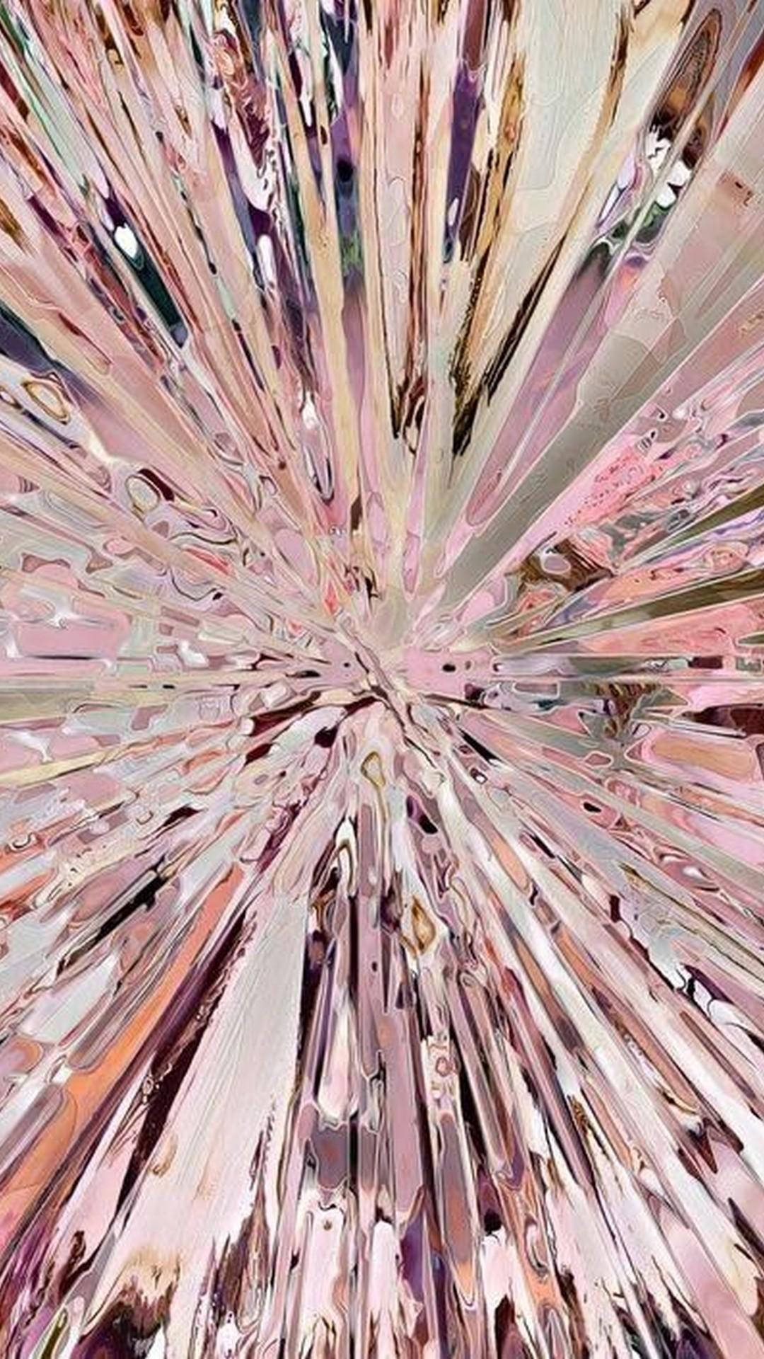 玫瑰金 桌布 壁紙 — 從中心點輻射出的虹彩粉紅金色和銀色條紋的耀眼抽象爆發。