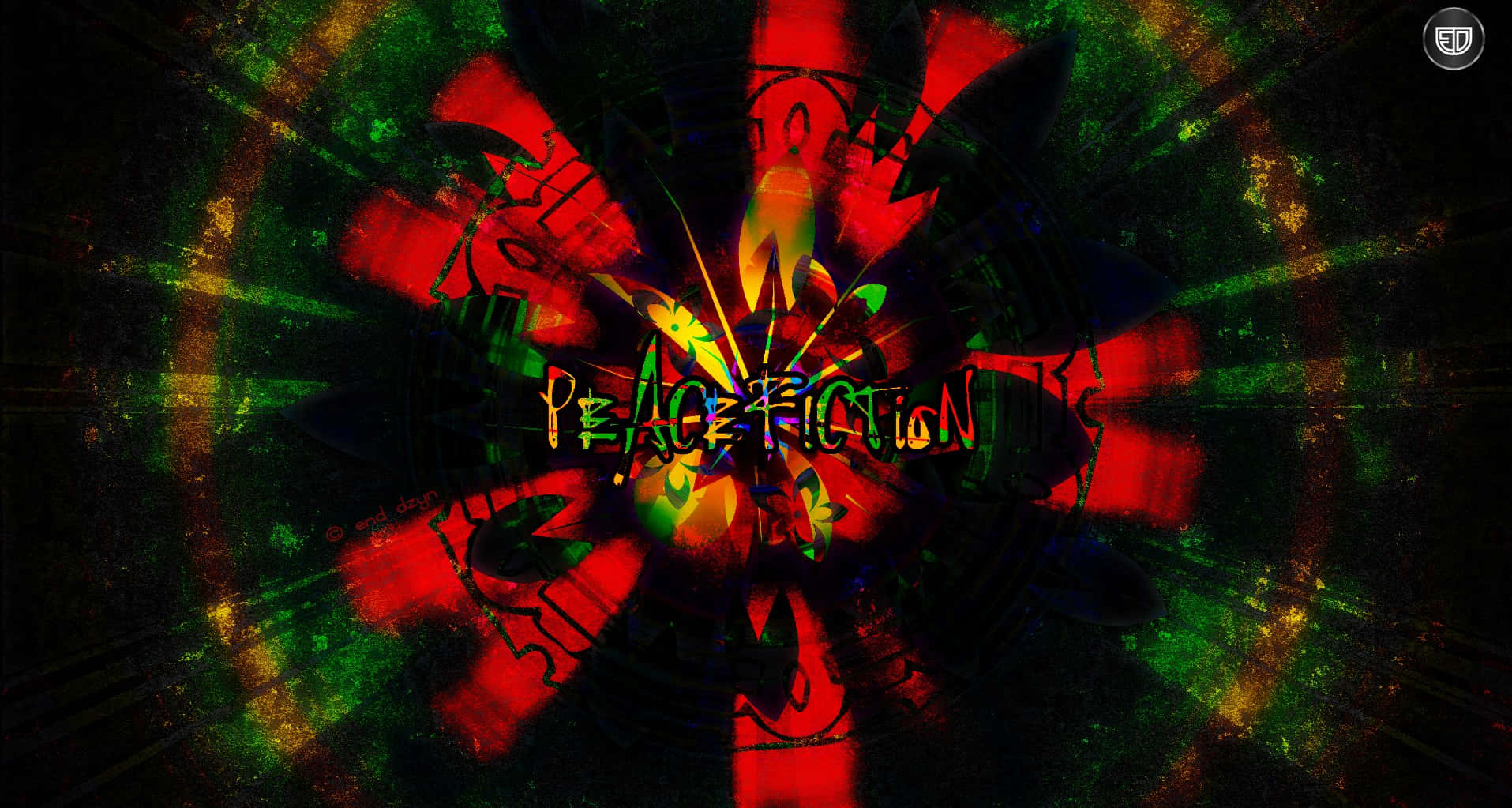 Cover Art 桌布 壁紙 — 從中心點輻射出的鮮豔紅色和綠色抽象數位藝術，帶有發光文字和碎形圖案。