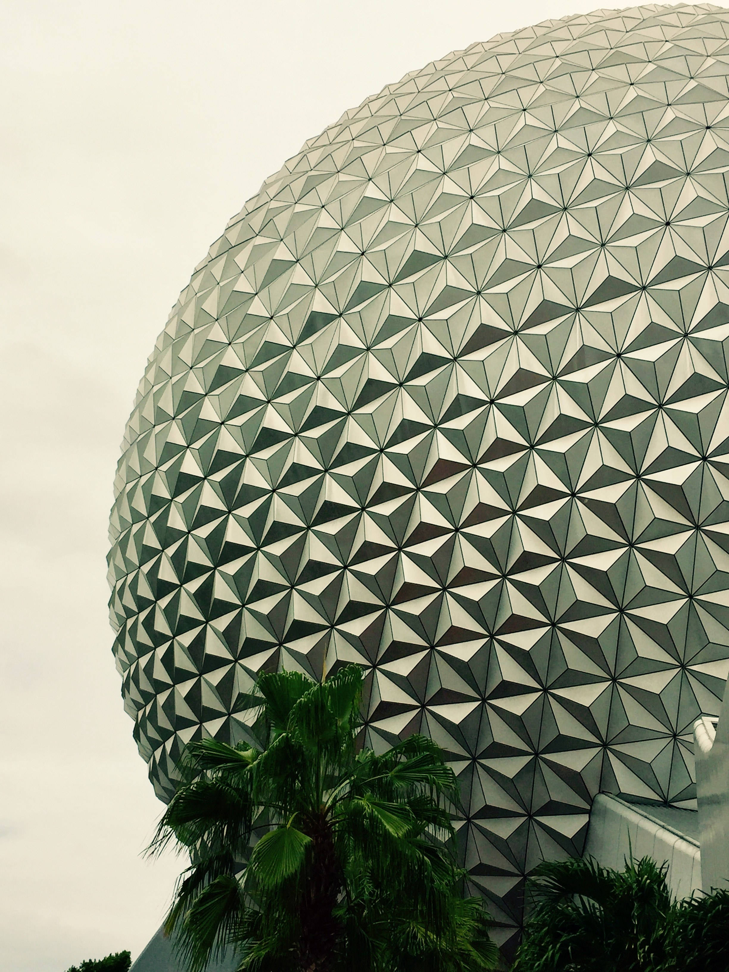 建築 桌布 壁紙 — 從低角度觀看Epcot標誌性的測地線球體Spaceship Earth，前景有茂密的棕櫚樹，天空多雲。