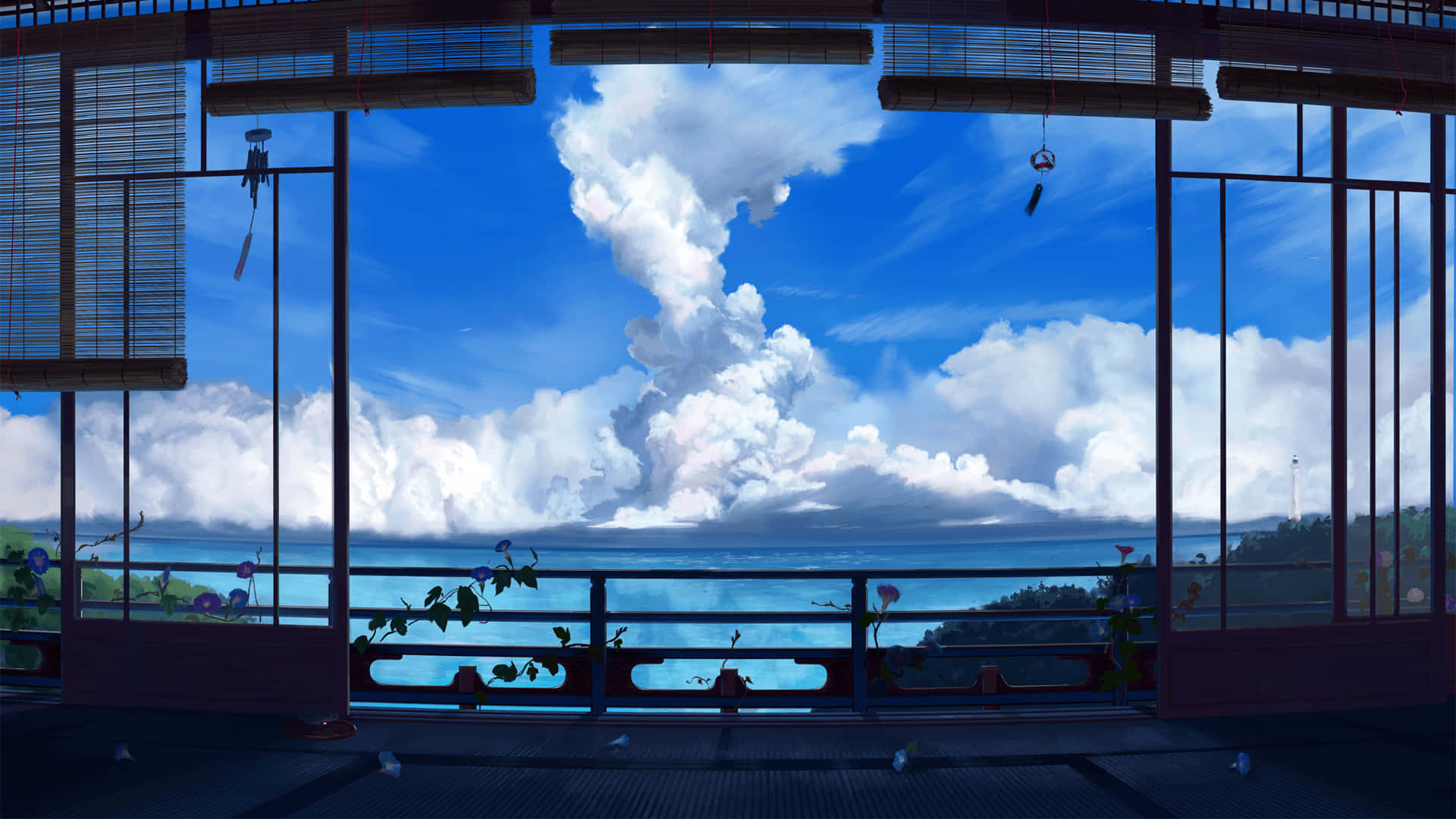 lofi 桌布 壁紙 — 從傳統日本陽台眺望廣闊海洋的寧靜景色，天空戲劇性，充滿蓬鬆的白雲。