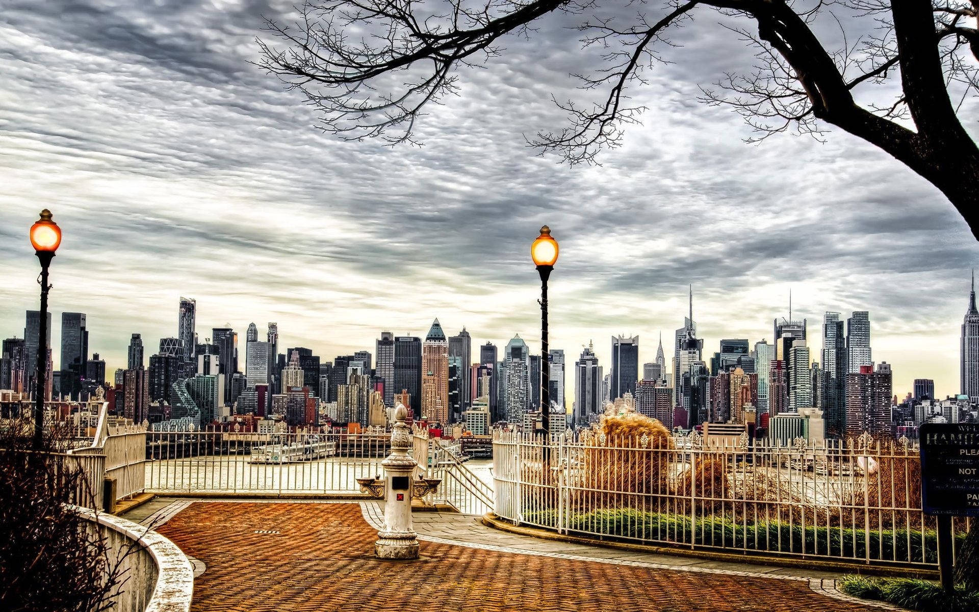 New York Skyline 桌布 壁紙 — 從公園觀景點看到的紐約市天際線的戲劇性城市景觀，發光的街燈和光禿禿的樹枝框住了場景。