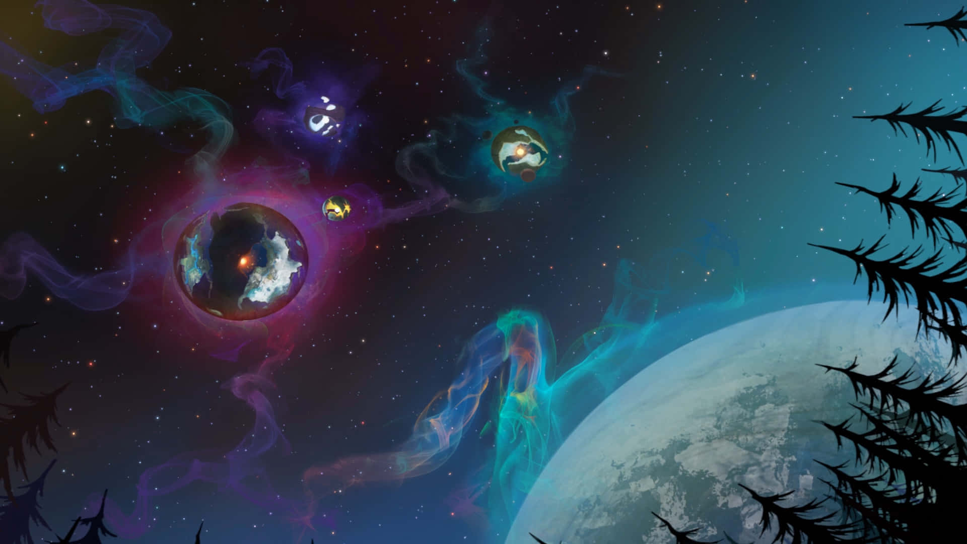 外太空 桌布 壁紙 — 從剪影松樹下仰望星空，觀賞發光星雲和漂浮行星的宇宙場景。
