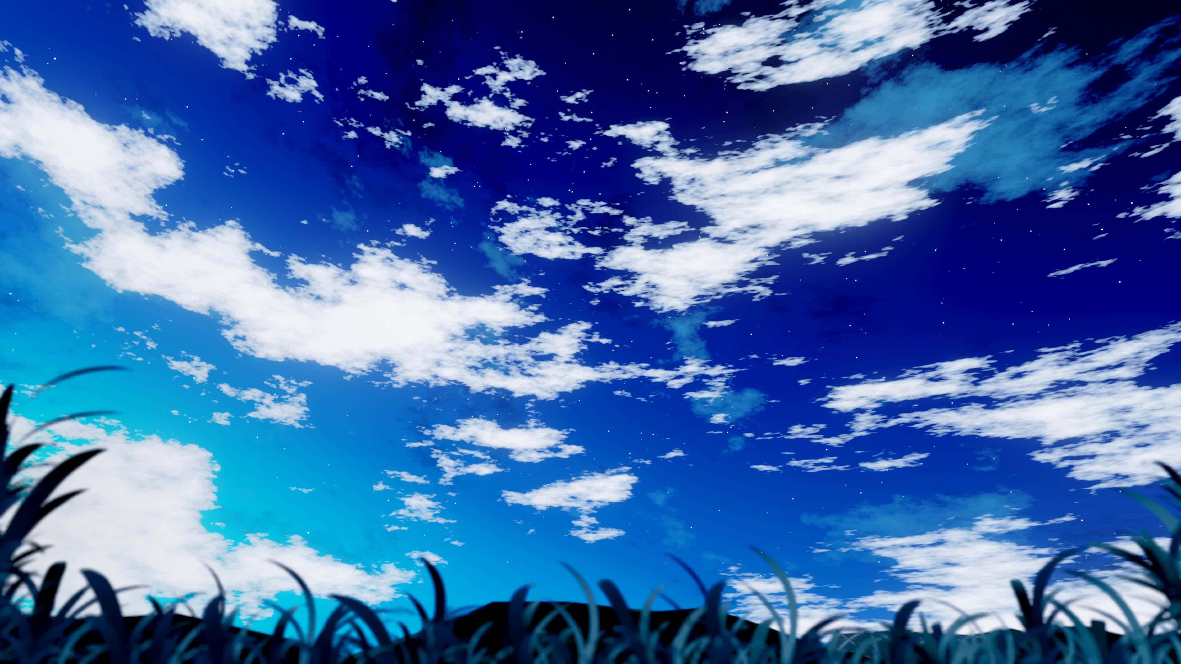 Anime Sky 桌布 壁紙 — 從剪影般的草叢後方看到的鮮豔藍天，點綴著縷縷白雲和散落的星星。