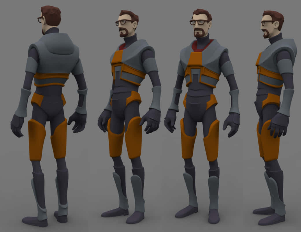Half-life Characters 桌布 壁紙 — 從四個角度顯示的3D渲染角色模型，穿著灰色和橙色的裝甲服，戴眼鏡和鬍子。