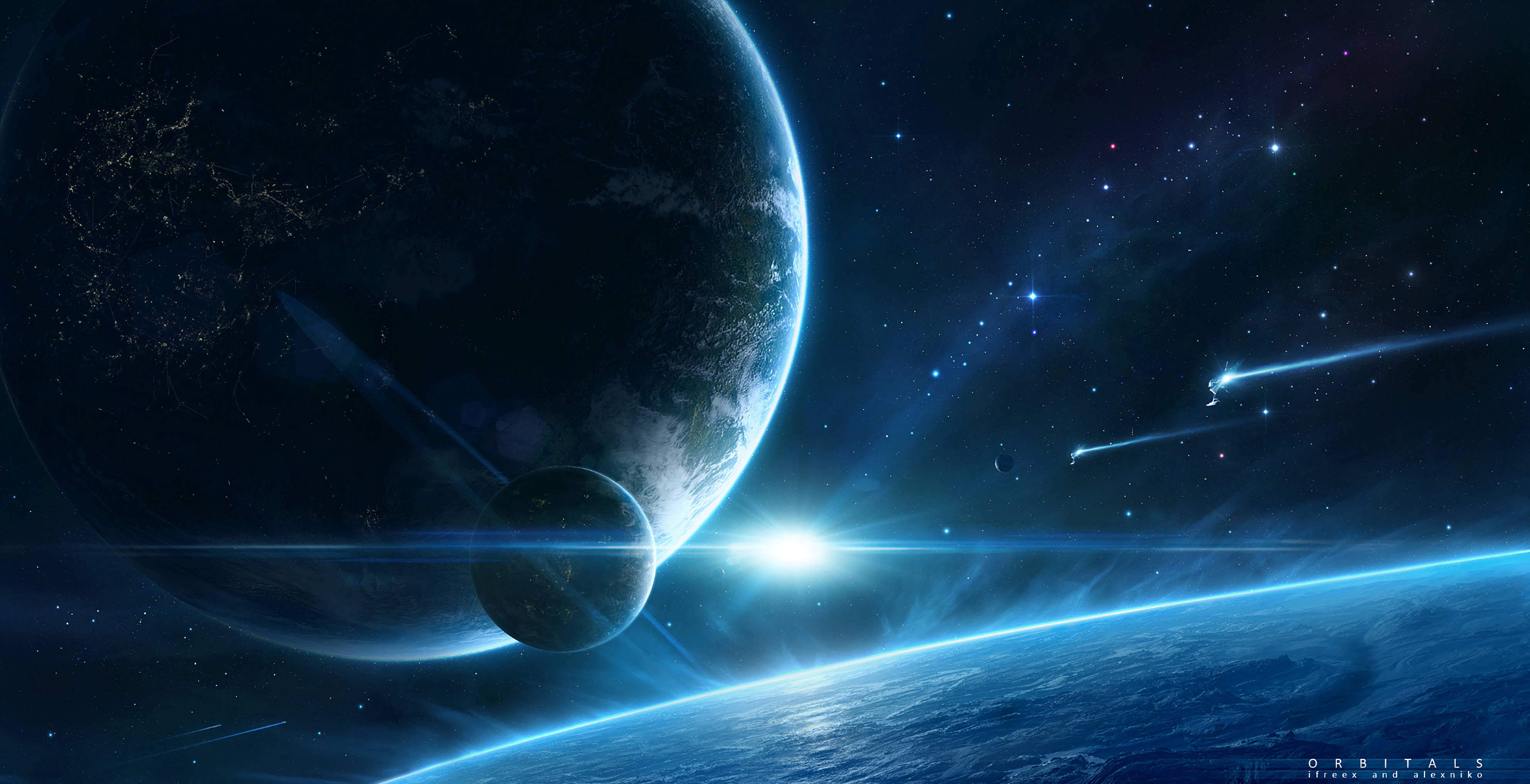 外太空 桌布 壁紙 — 從太空俯瞰地球和月球的壯麗景色，伴隨著發光的藍色極光和流星，背景是繁星點點的夜空。